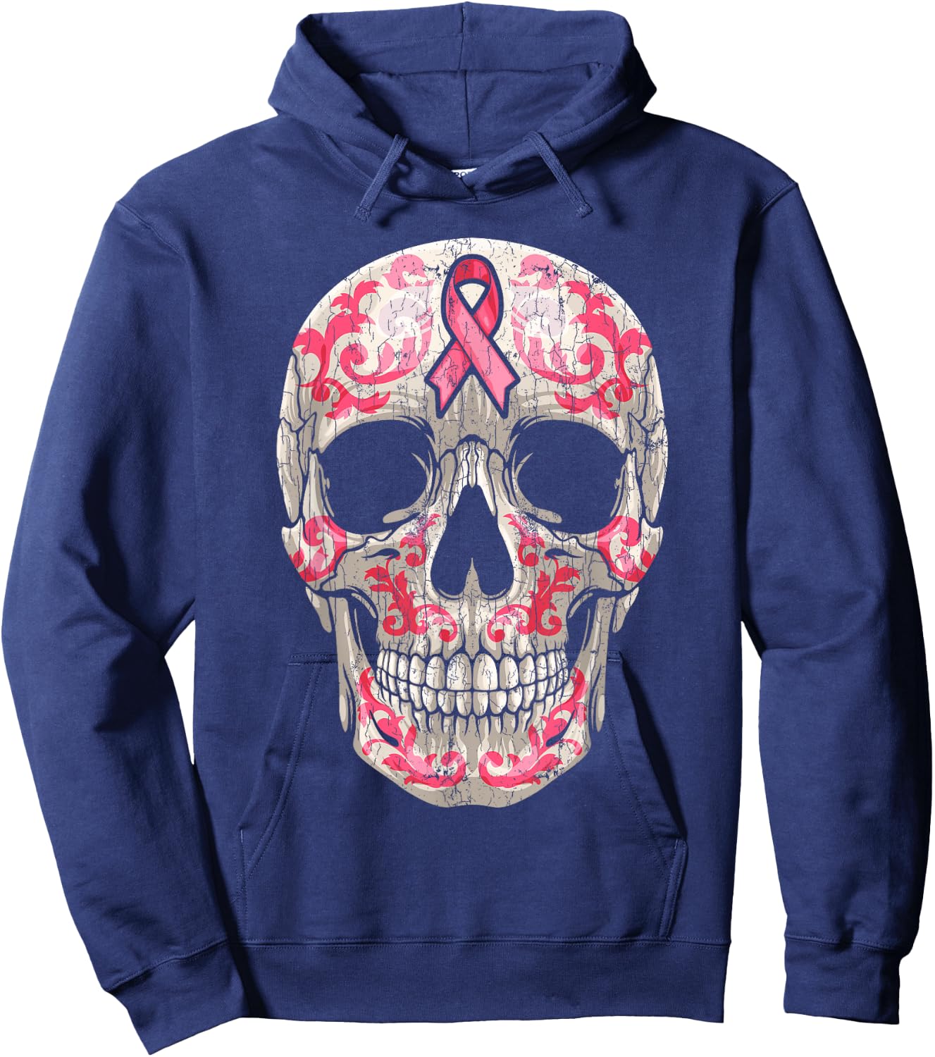 Breast Cancer Awareness Graphic Ribbon Sugar Skull Calavera Hoodie - Hoodie | Navy