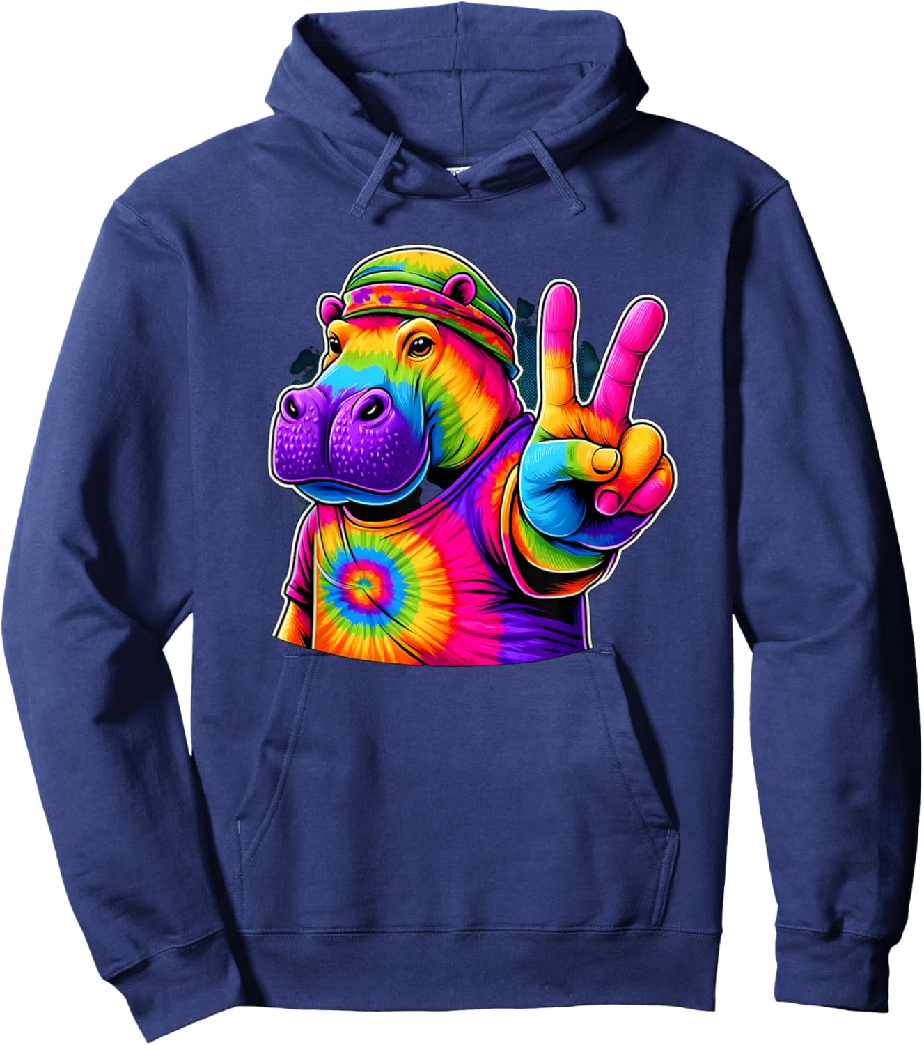 Peace Sign Tie Dye Hippo Hoodie - Hoodie | Navy