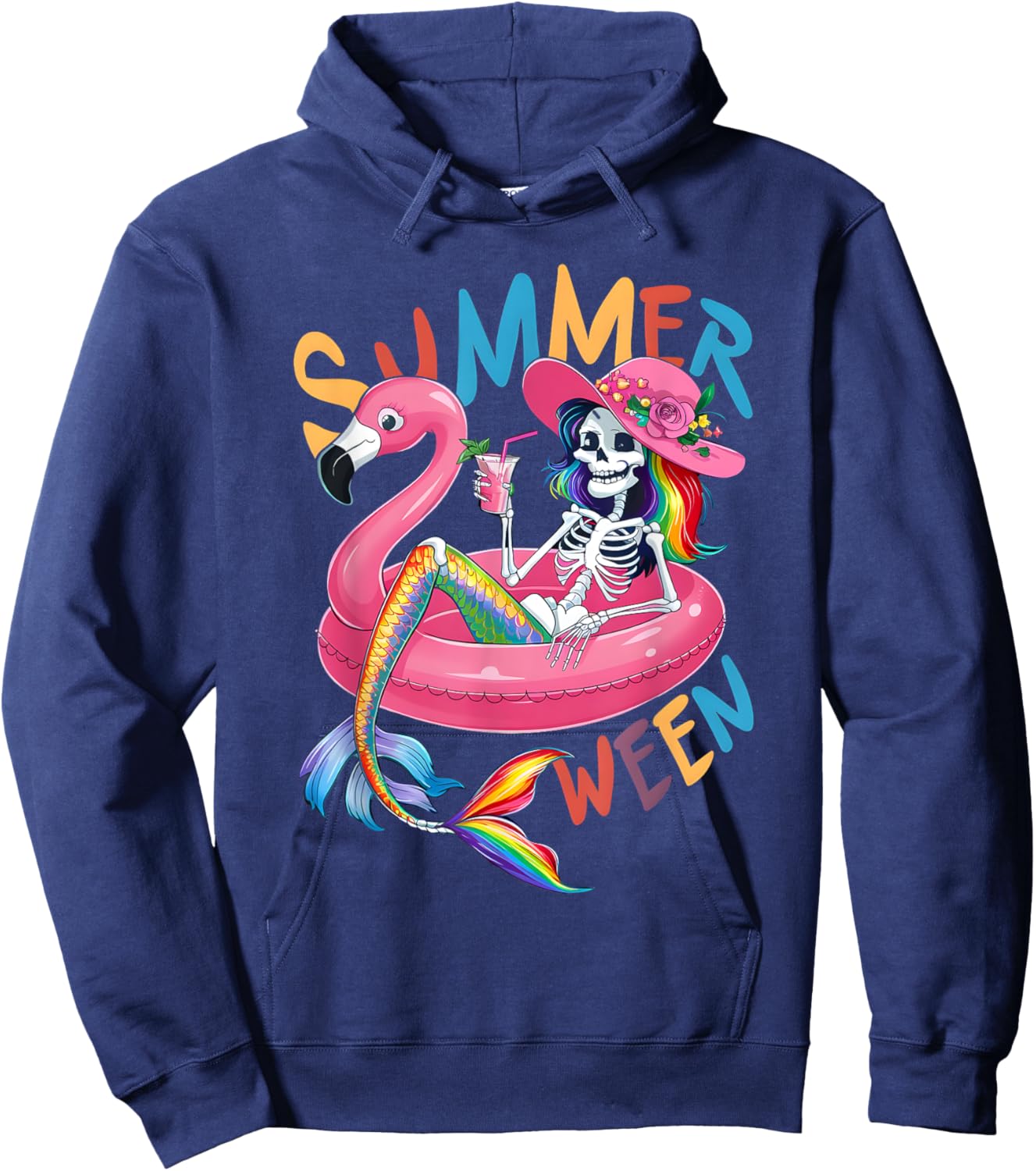 Summerween Mermaid Skeleton Flamingo Summer Halloween Women Hoodie - Hoodie | Navy