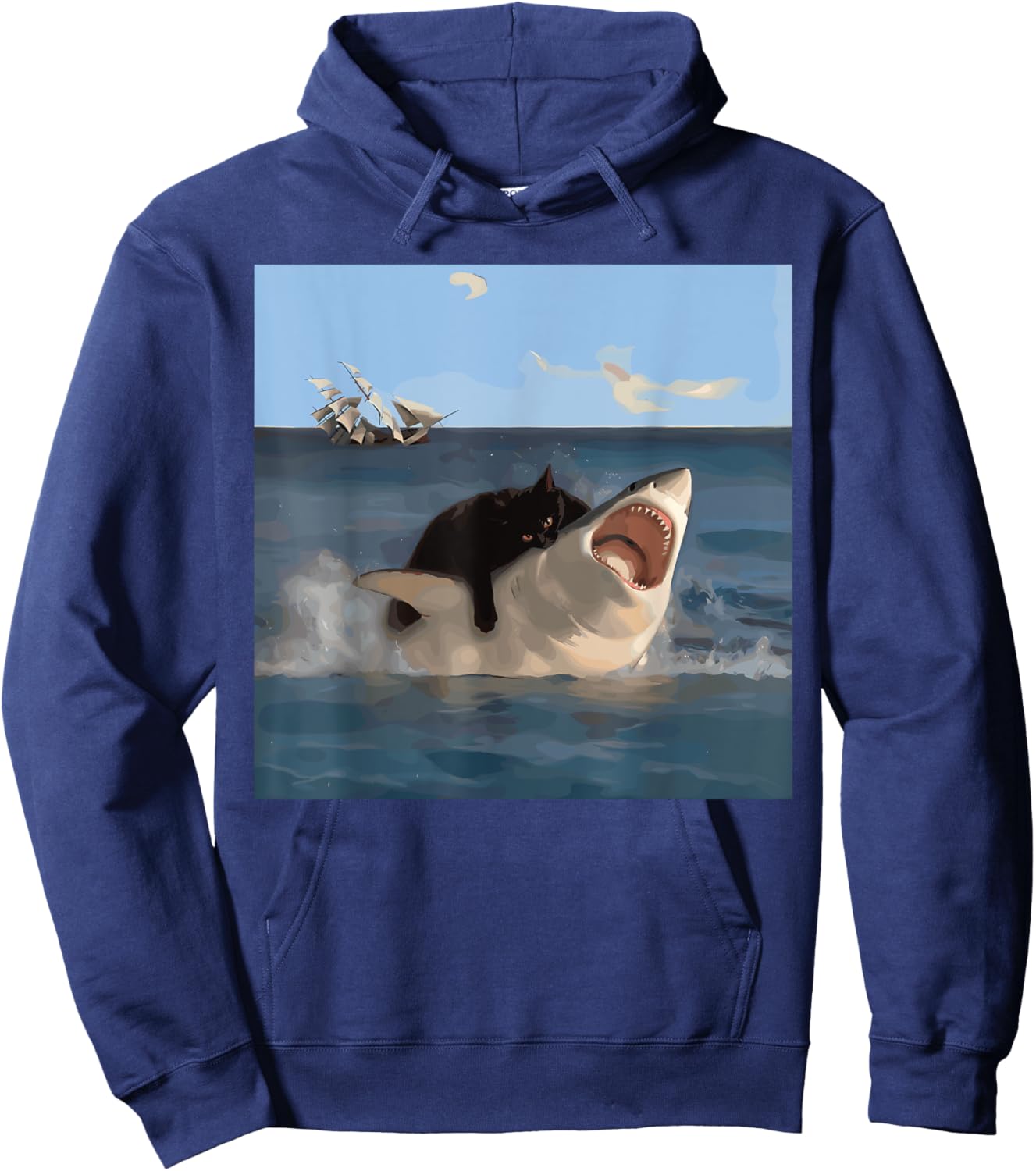 Cat Biting Shark Humorous Playful Funny Cat and Shark , Small, Black Hoodie - Hoodie | Navy