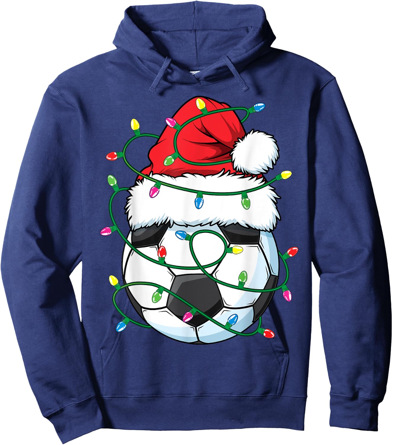 Funny Christmas Soccer Ball Santa Hat Xmas Lights Girls Boys Hoodie - Hoodie | Navy