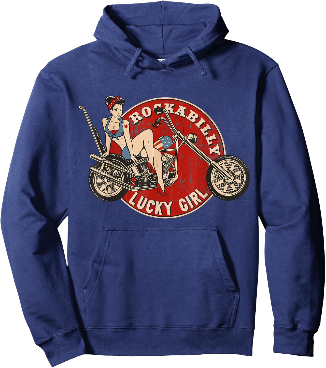 Motorcycle Pinup Girl Old School Rockabilly Lucky Girl Hoodie - Hoodie | Navy
