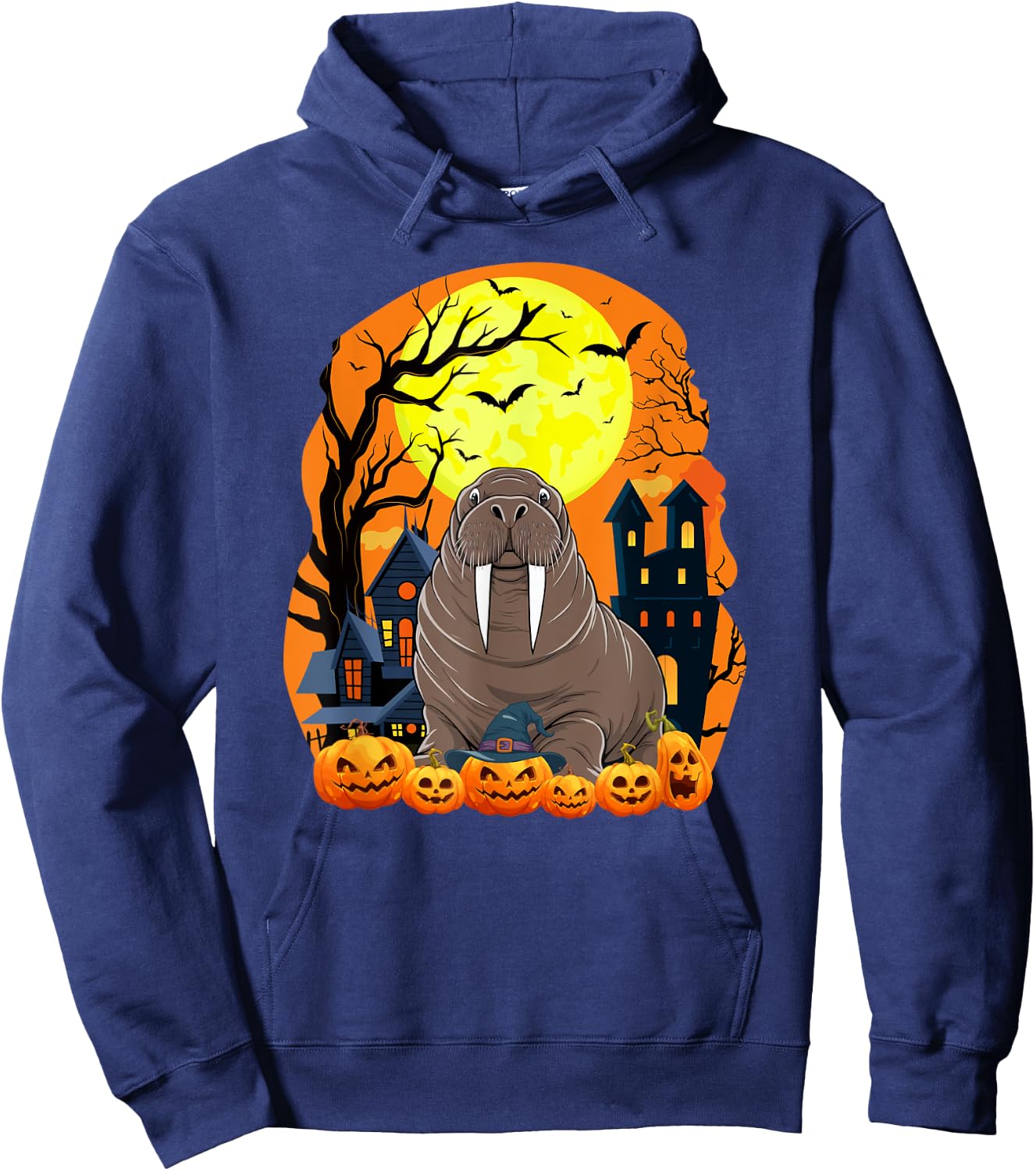 Walrus With Pumpkins Funny Scary Halloween Party Hoodie - Hoodie | Navy