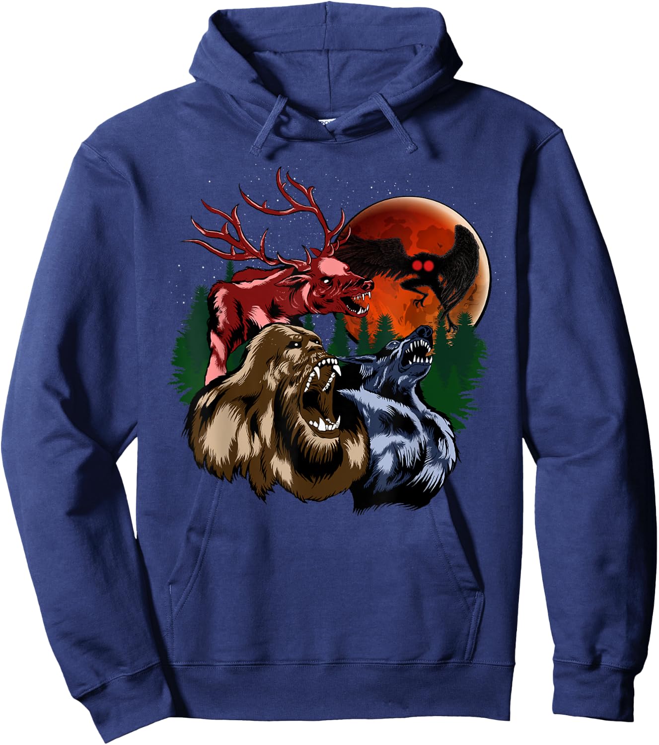 Three Cryptid Moon - Sasquatch, Dogman, Wendigo, Mothman Hoodie - Hoodie | Navy