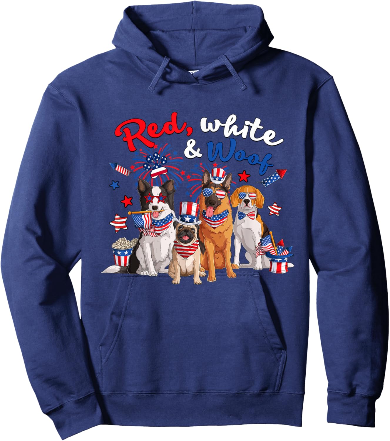 Funny Patriotic Dog Red White and Woof 4th of July Men Hoodie - Hoodie | Navy