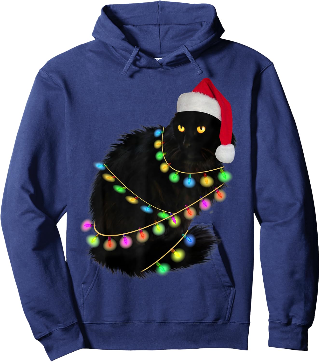 Black Cat Santa Hat Light Tree Funny Ugly Christmas Sweater Hoodie - Hoodie | Navy