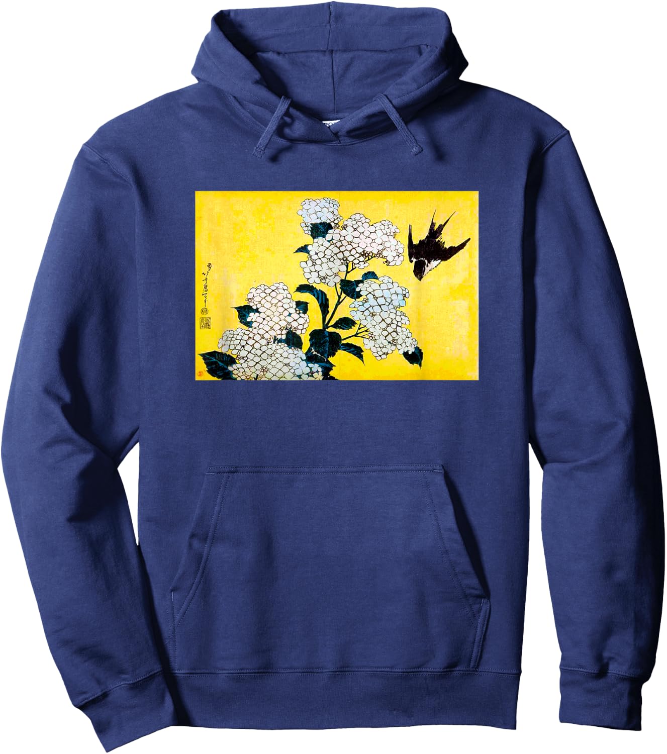 The Art of Print by MCMA - Digitally Enhanced Art Japanese Art Bird and Cherry Blossoms Graphic Design -Adults Black Small Hoodie - Hoodie | Navy