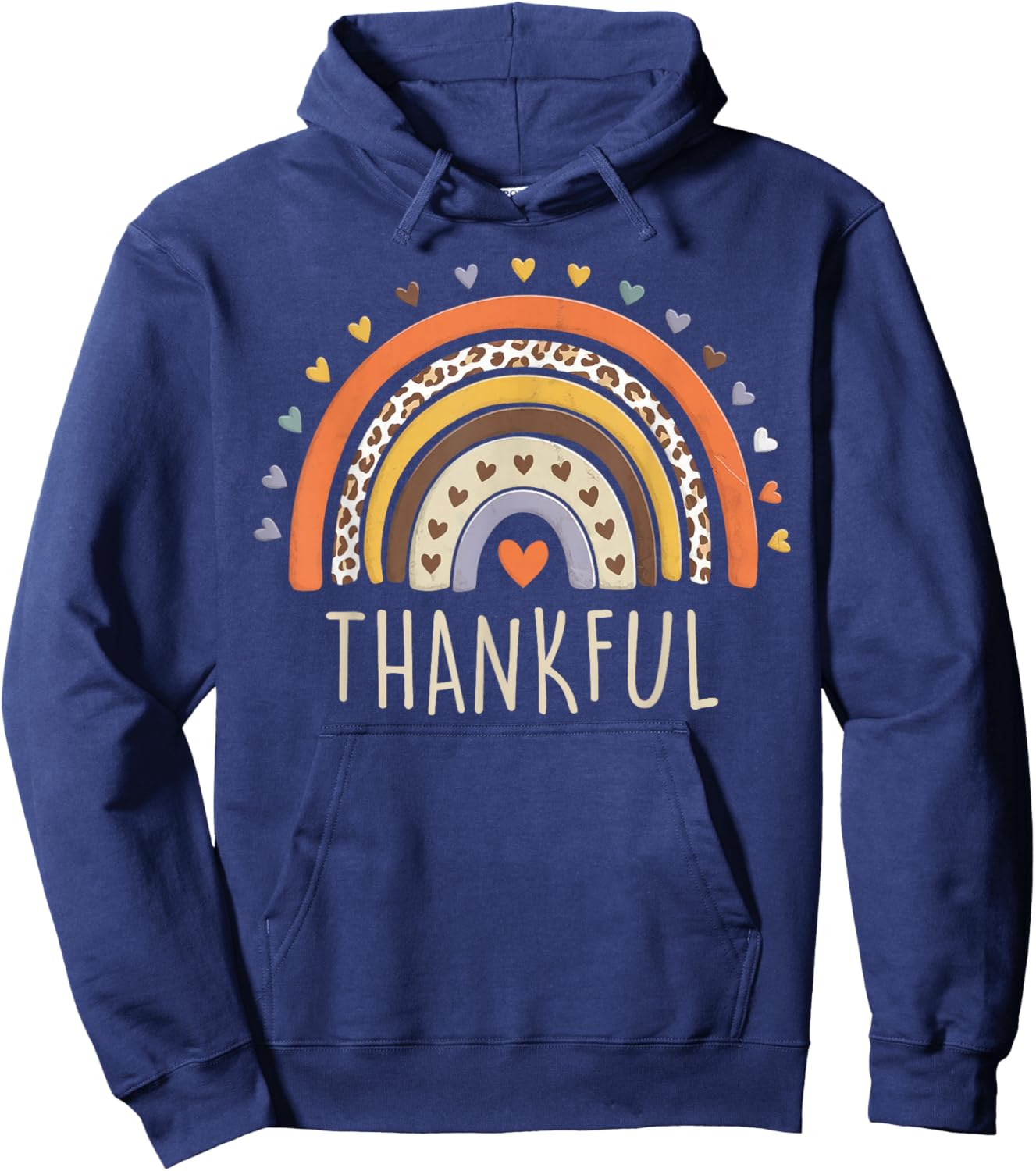 Leopard Rainbow Thankful Thanksgiving Teacher Women Kids Hoodie - Hoodie | Navy