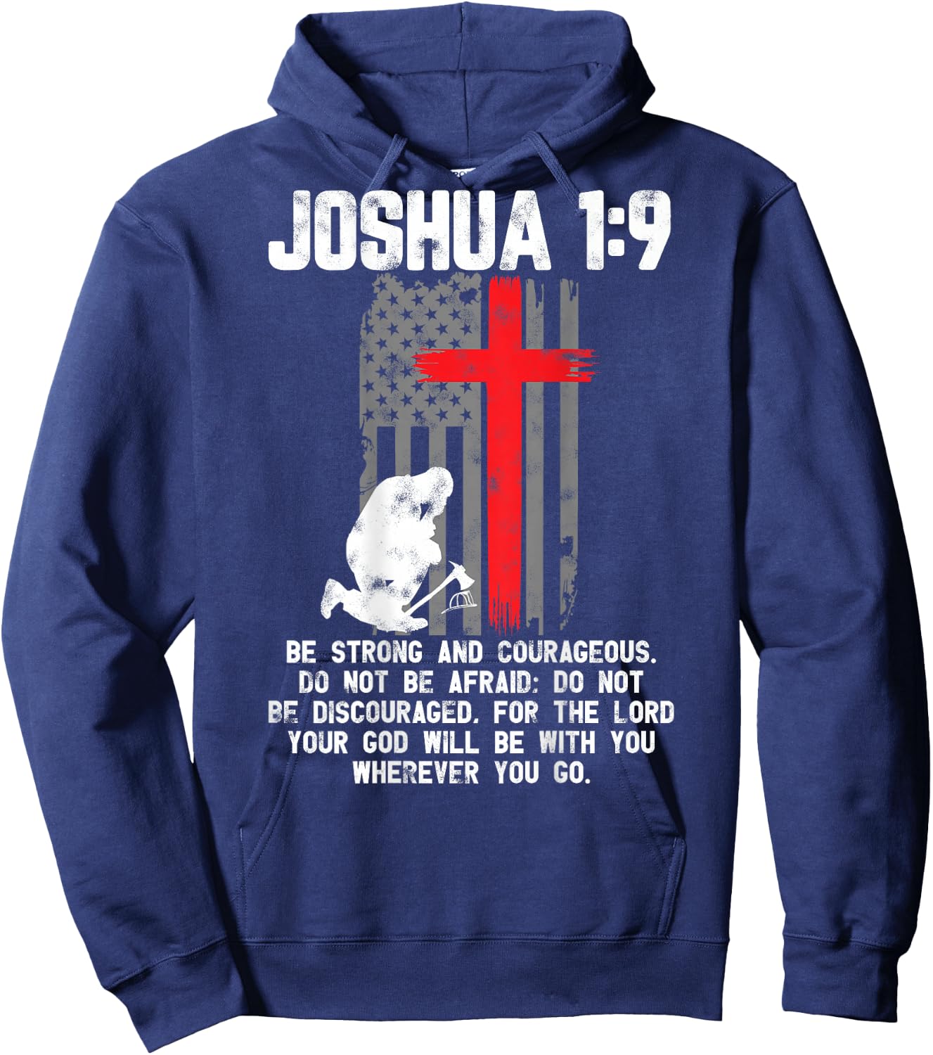 Thin Red Line Firefighter Cross Bible Verse Christian Hoodie - Hoodie | Navy
