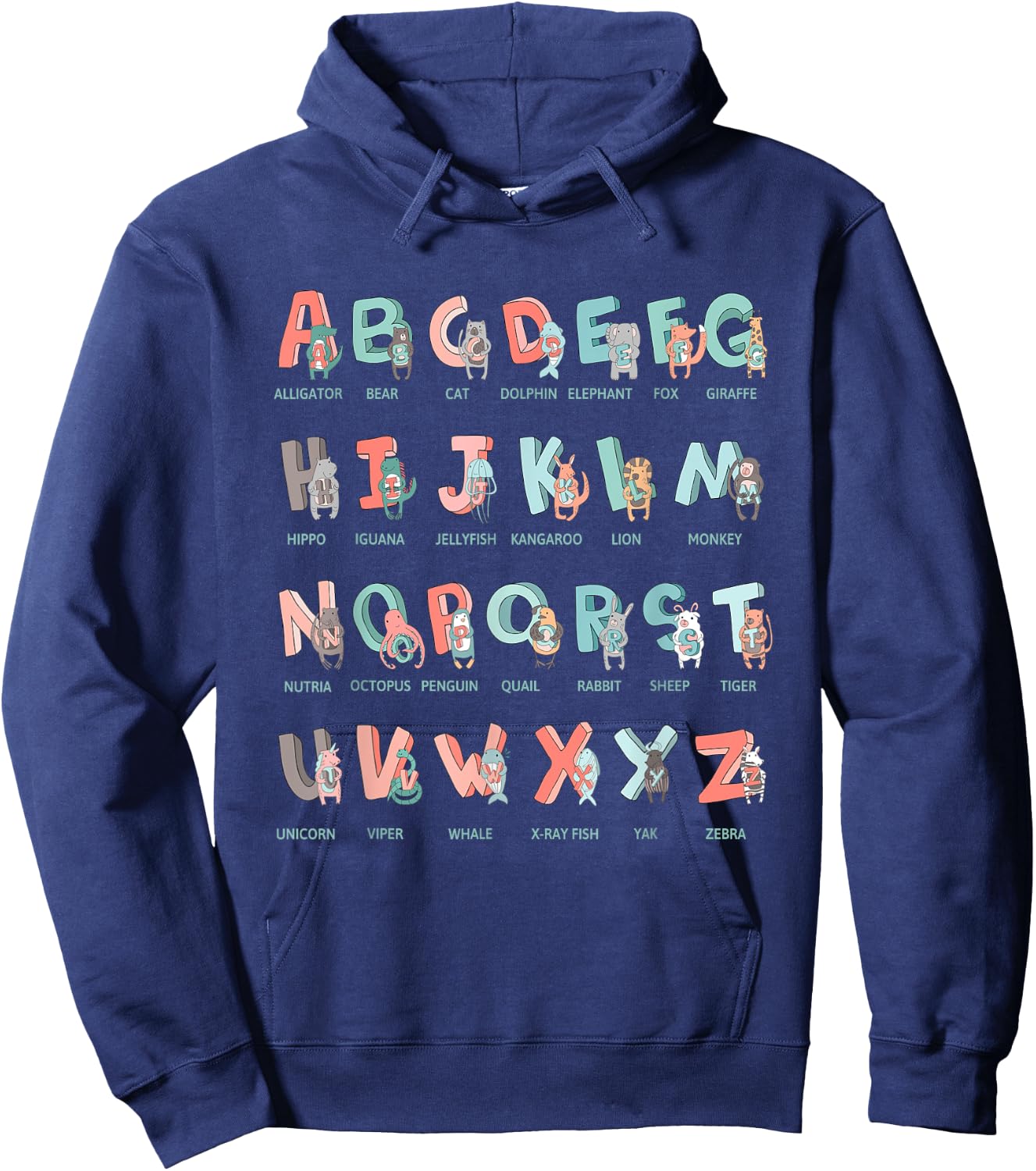 Alphabet Animals I School Beginner Students Children Girls Boys Hoodie - Hoodie | Navy