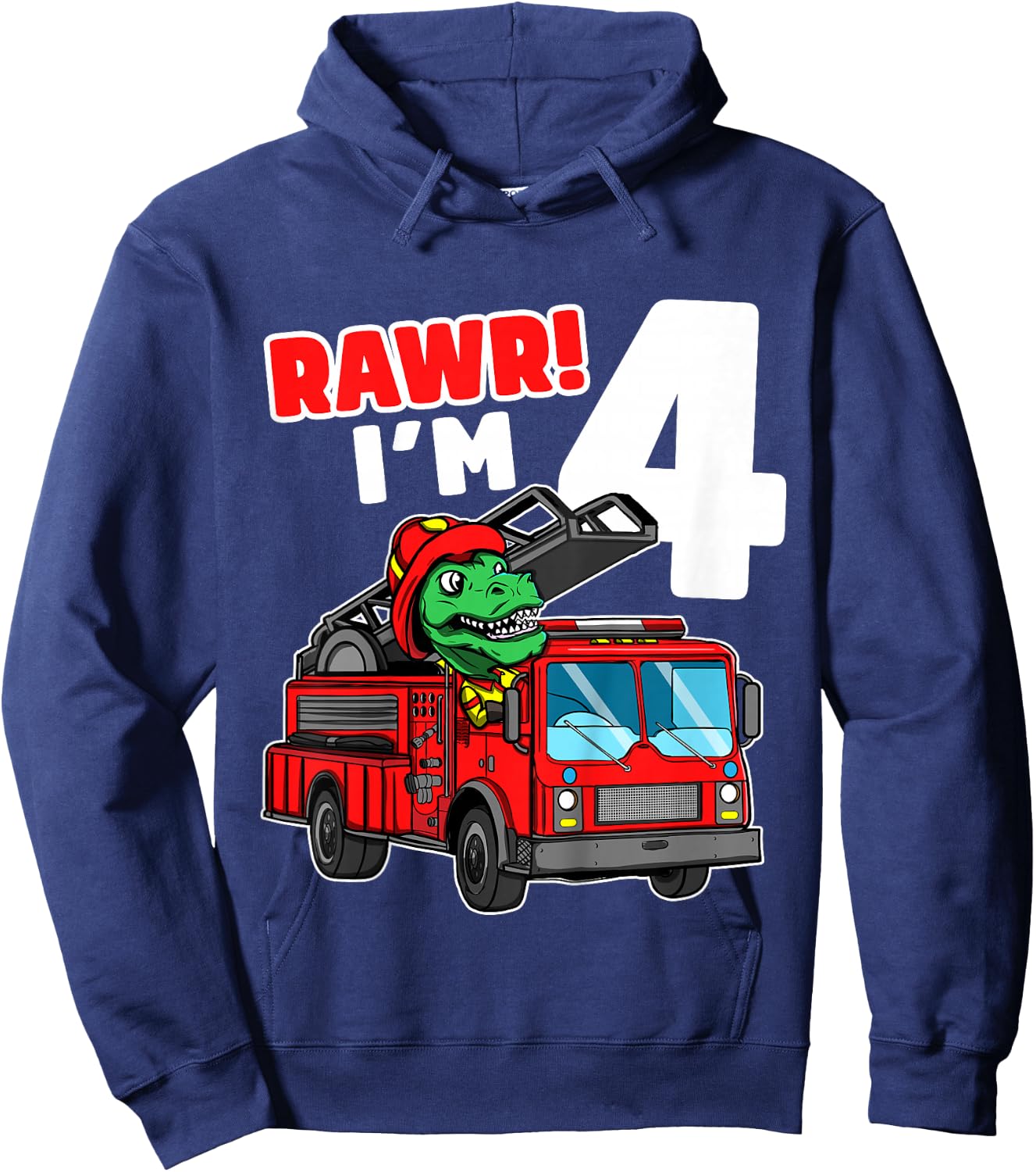 Kids Dinosaur Fire Truck 4th Birthday Boy T-Rex Firefighter 4 Hoodie - Hoodie | Navy