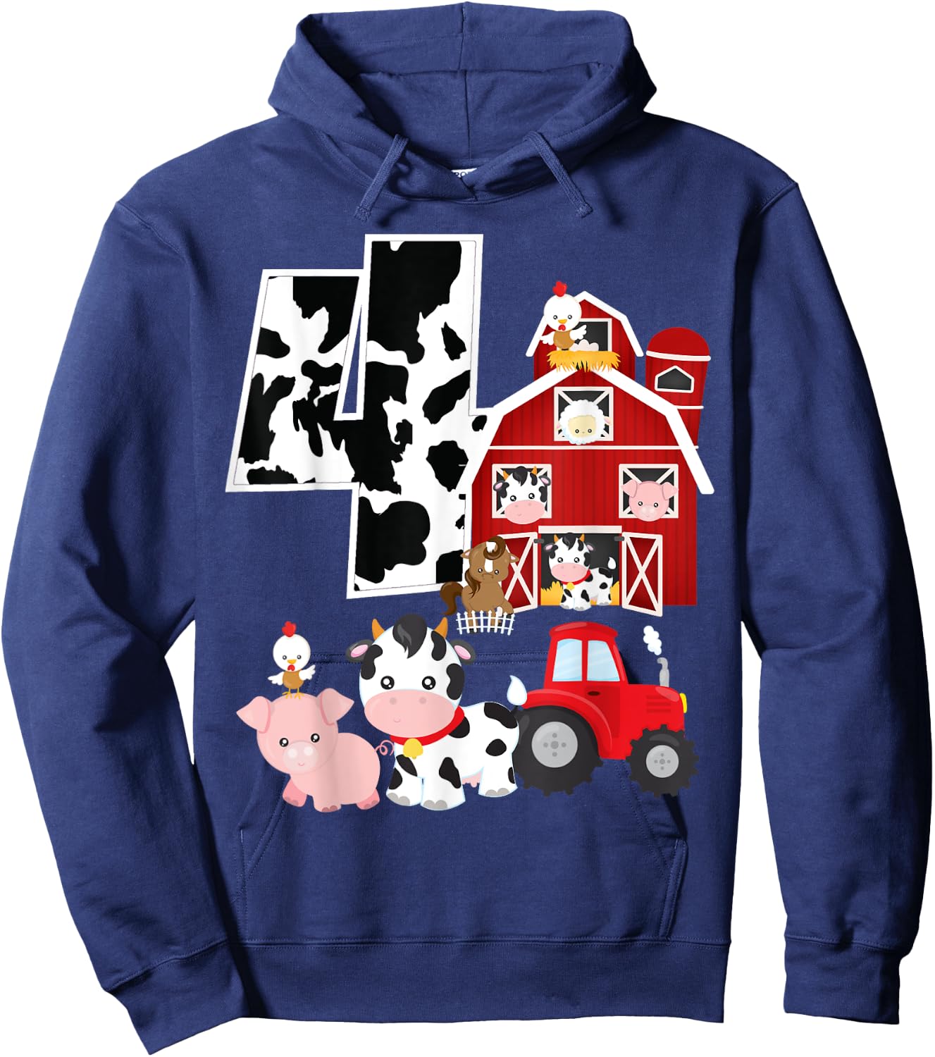 Farm Barnyard Theme Pig Cow Horse 4th Birthday 4 Yrs Old Hoodie - Hoodie | Navy