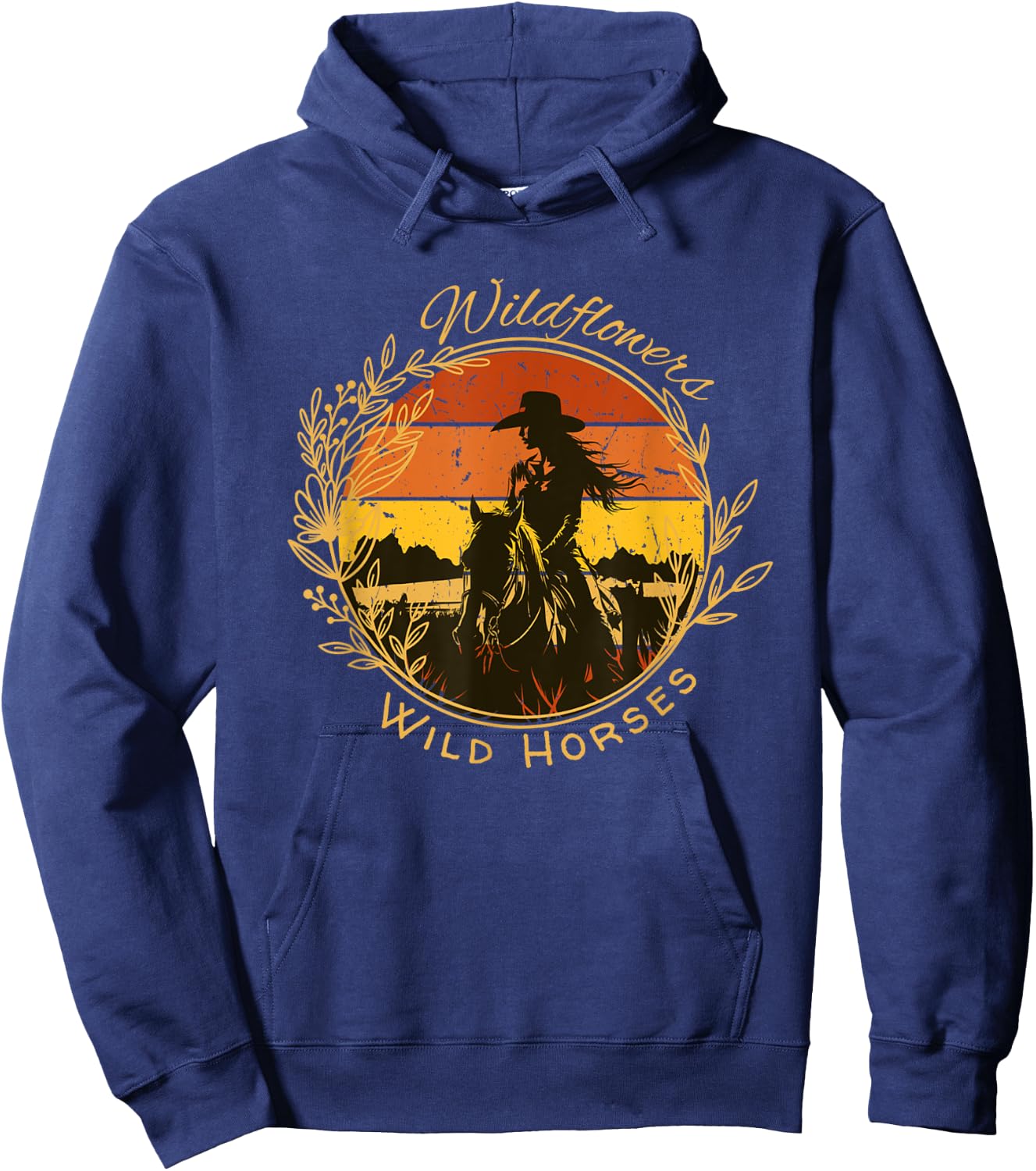 Wild Flowers and Wild Horses Vintage Sunset Country Cowgirl Hoodie - Hoodie | Navy