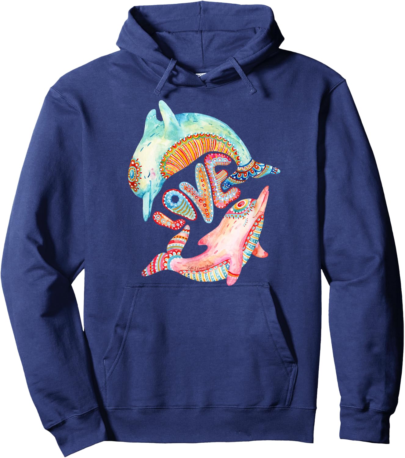 Beautiful retro hippie style "love" dolphin - Dolphin Love Hoodie - Hoodie | Navy