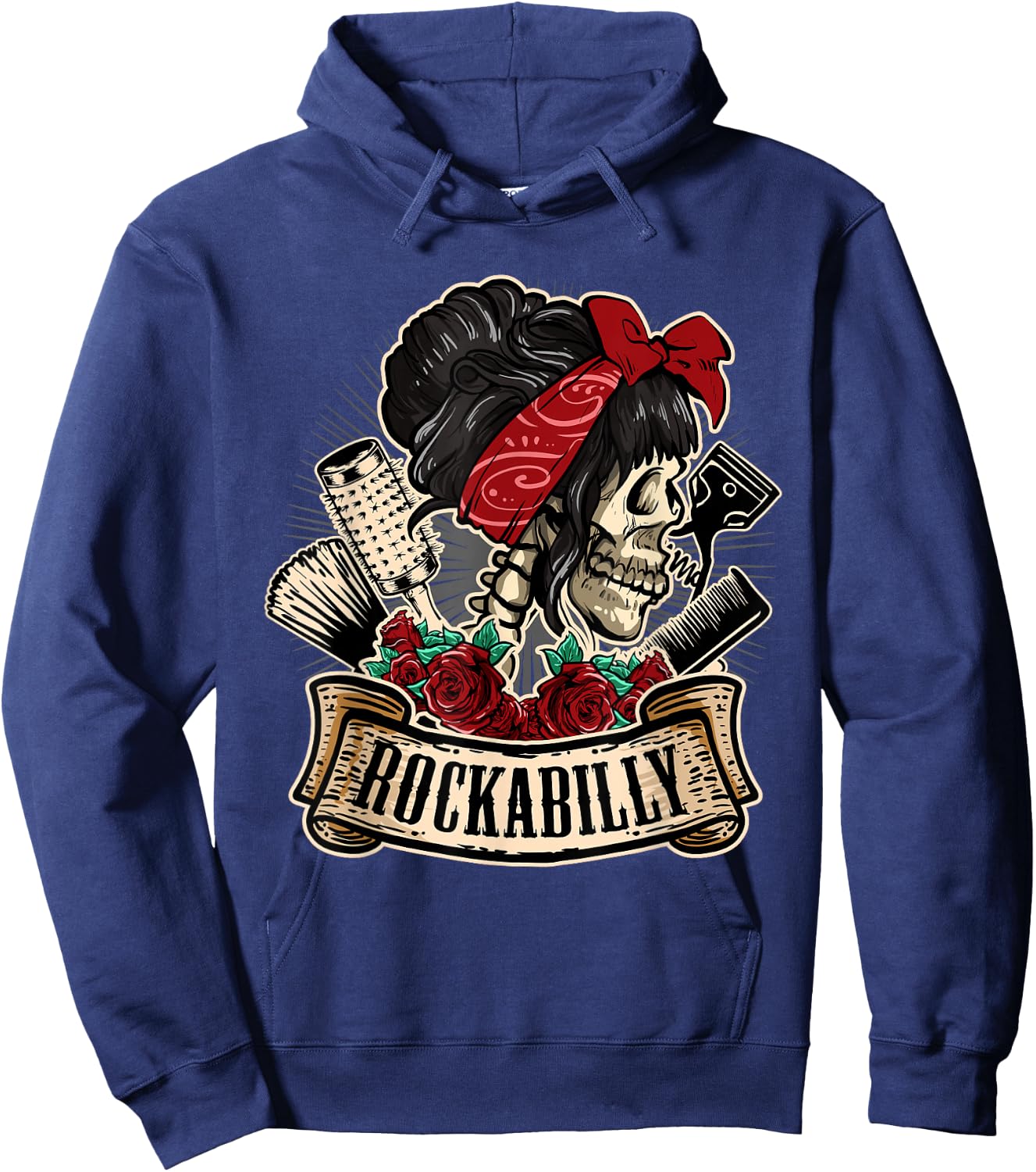 Rockabilly Girl Skull Pin-Up Hairstylist Hairdresser Hoodie - Hoodie | Navy