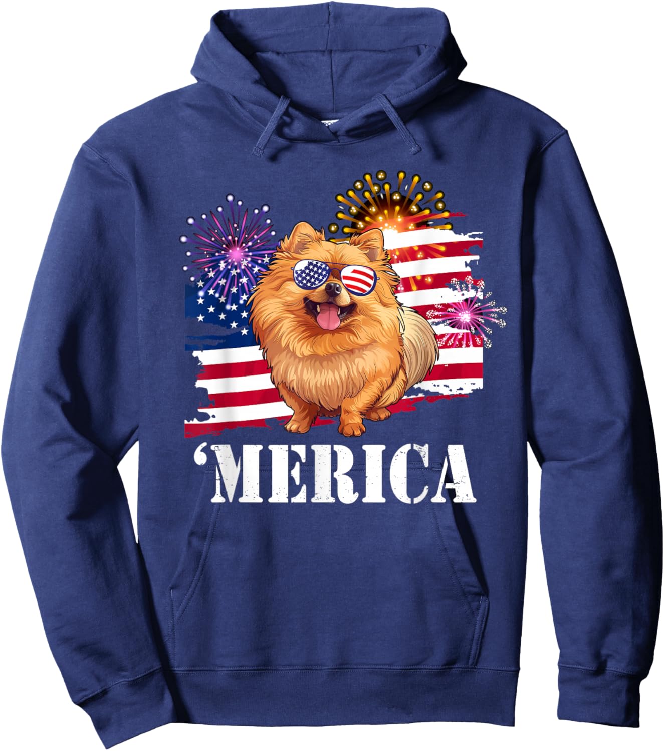 Patriotic America USA Flag Merica 4th July Pomeranian Lover Hoodie - Hoodie | Navy
