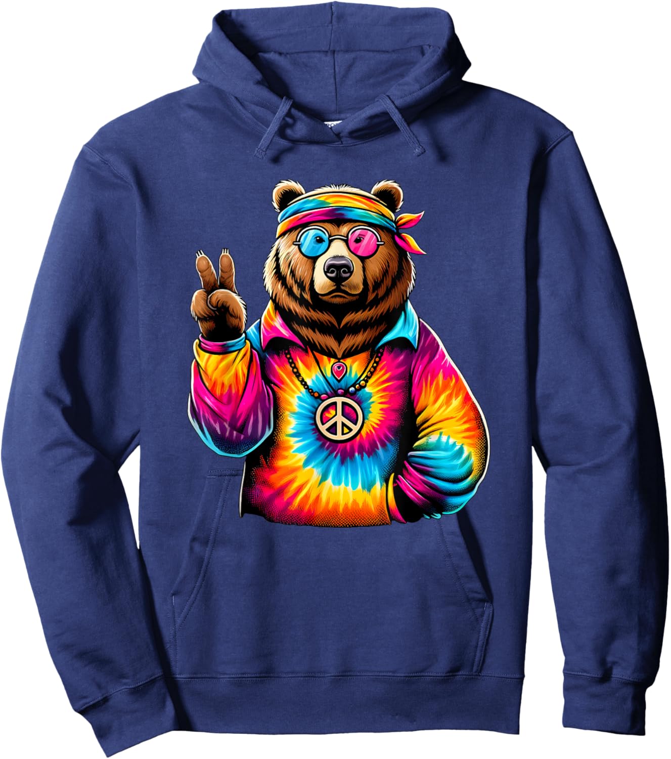 Peace Sign Tie Dye Grizzly Bear Hoodie - Hoodie | Navy