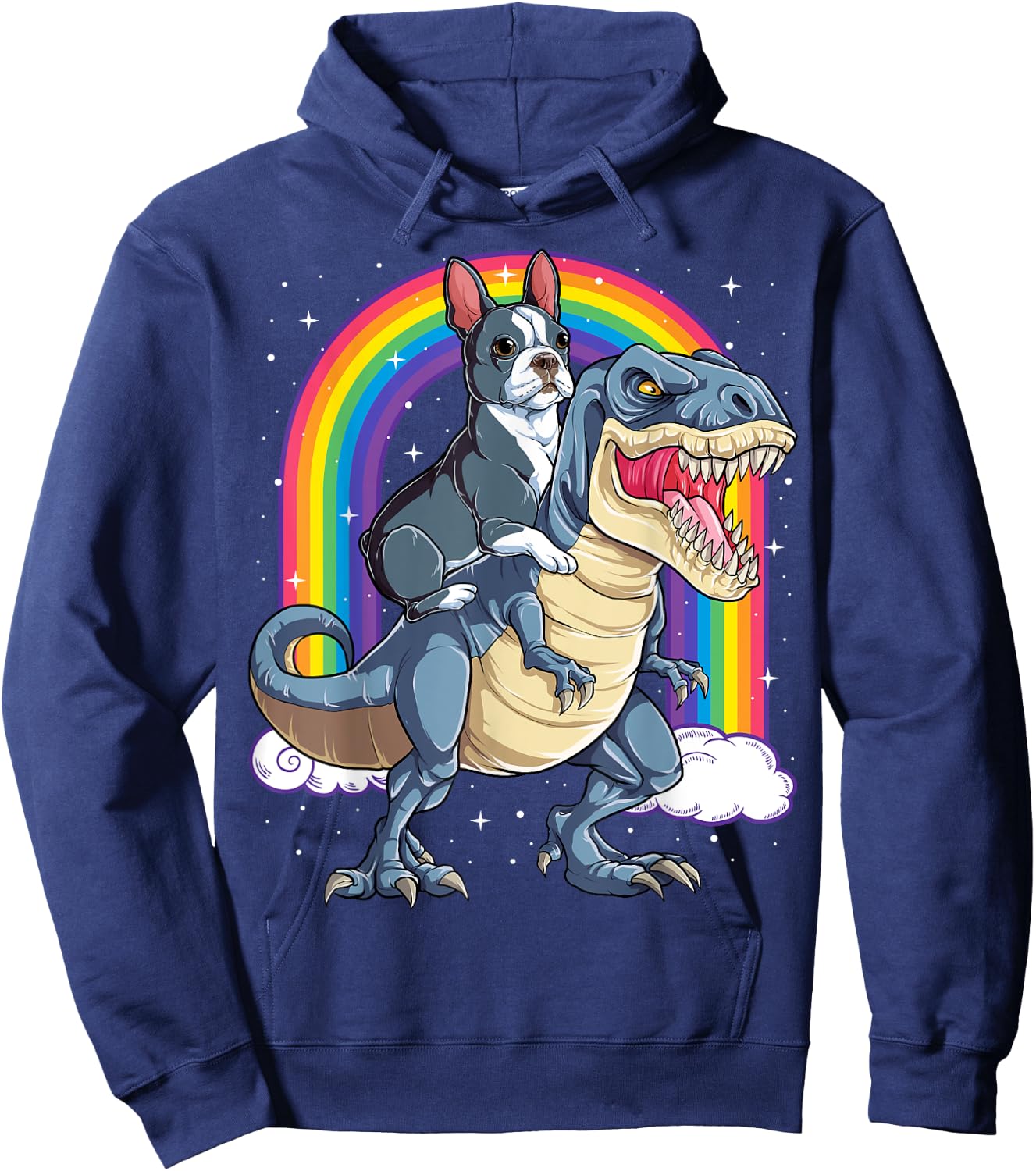Boston Terrier Riding Dinosaur T-rex Gifts Boys Kids Rainbow Hoodie - Hoodie | Navy