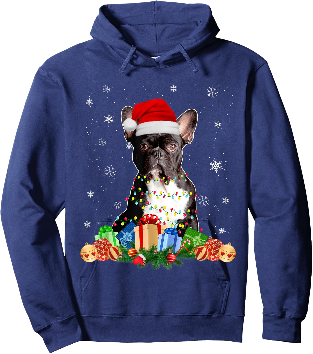 French Bulldog Dog Christmas Lights Santa Puppy Dog Lover Men Women Kids Hoodie - Hoodie | Navy