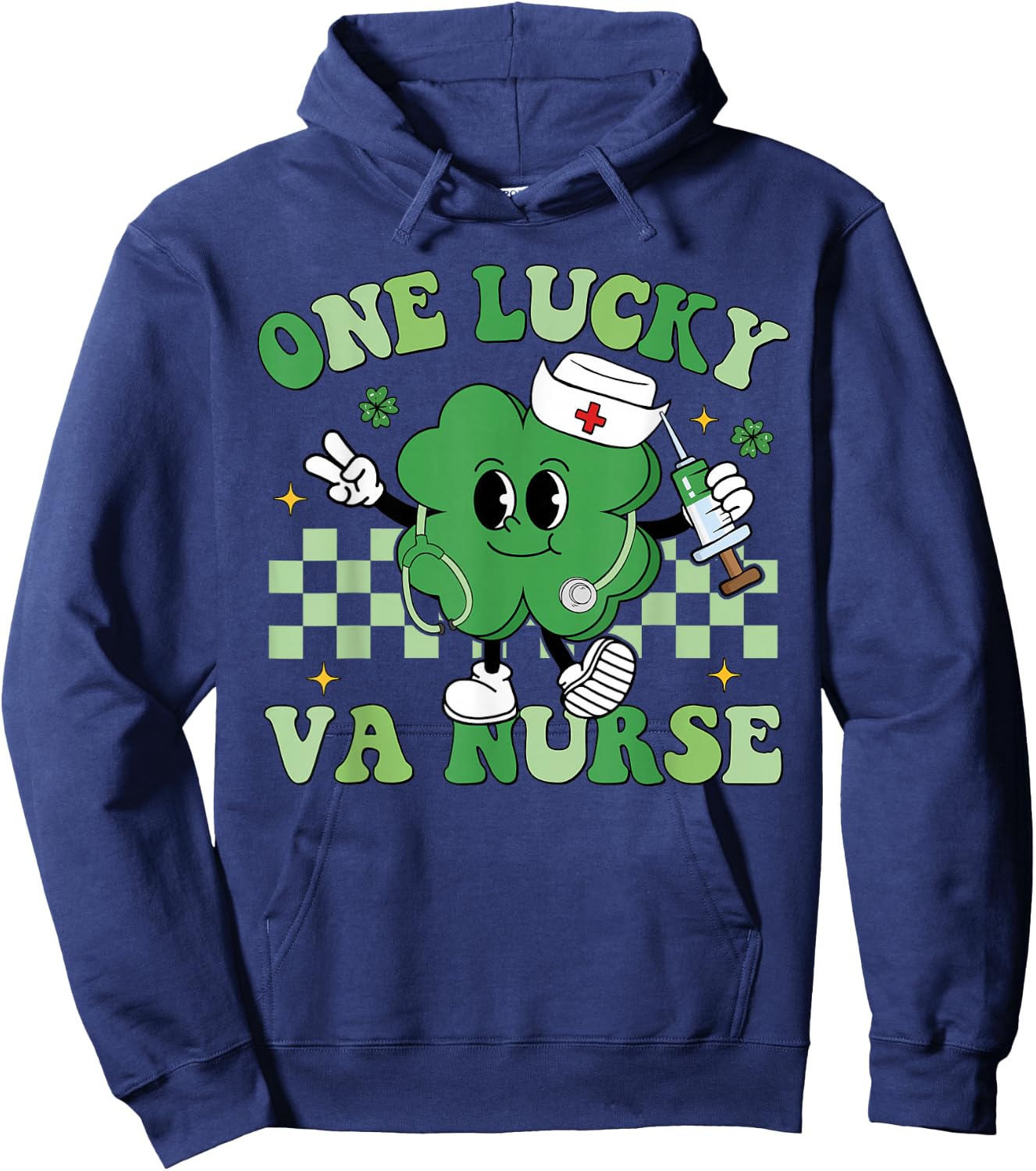 Groovy One Lucky VA Nurse Shamrock Patrick's Day Hoodie - Hoodie | Navy