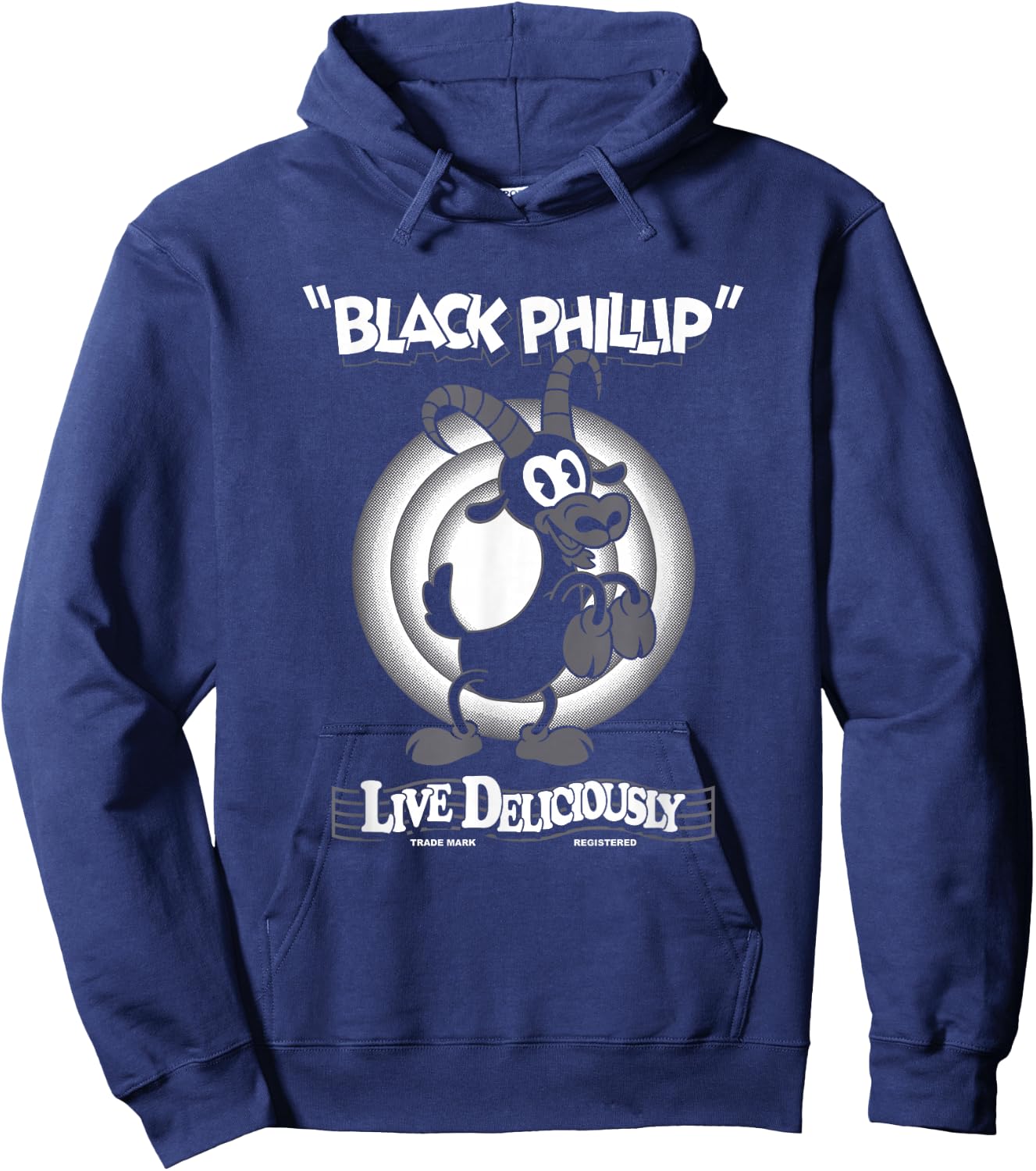 Live Deliciously - Vintage Cartoon Goat - Black Phillip Hoodie - Hoodie | Navy