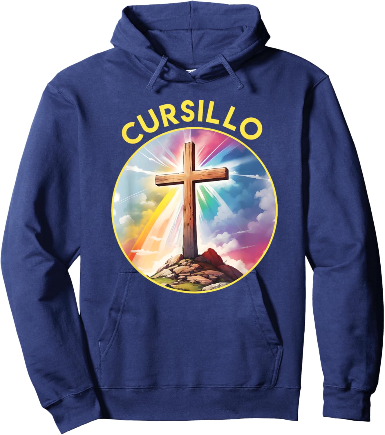 Cursillo Faith Wood Cross With Rainbow and Clouds Hoodie - Hoodie | Navy