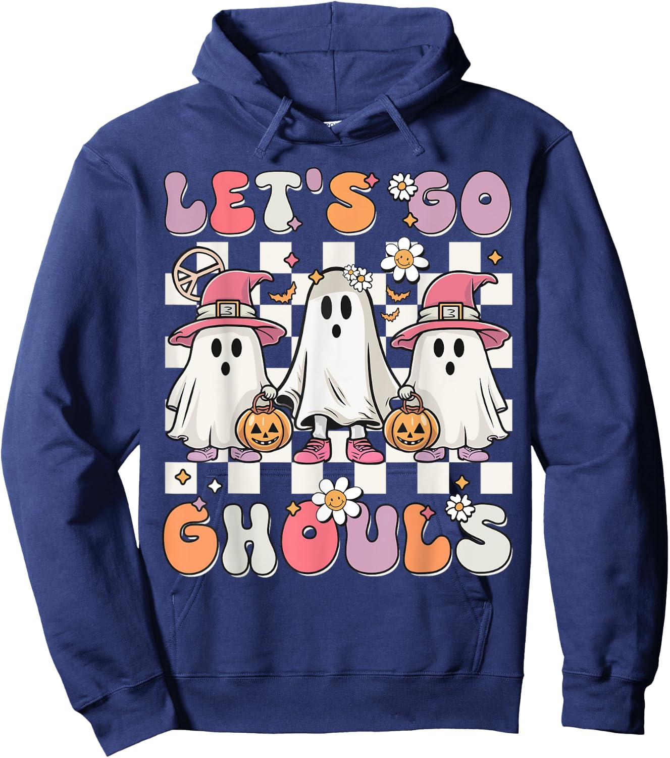 Women Girls Let's Go Ghouls Halloween Retro Ghost Costume Hoodie - Hoodie | Navy