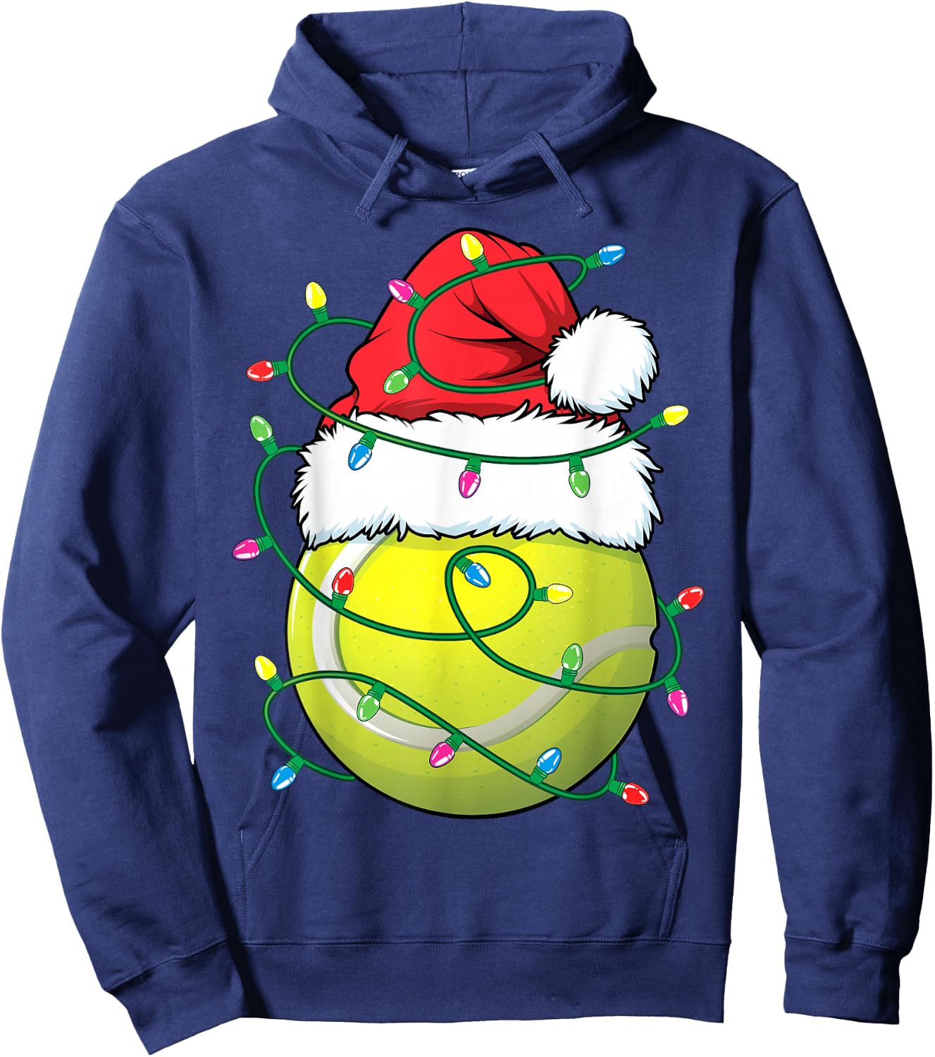 Funny Christmas Tennis Ball Santa Hat Xmas Lights Hoodie - Hoodie | Navy