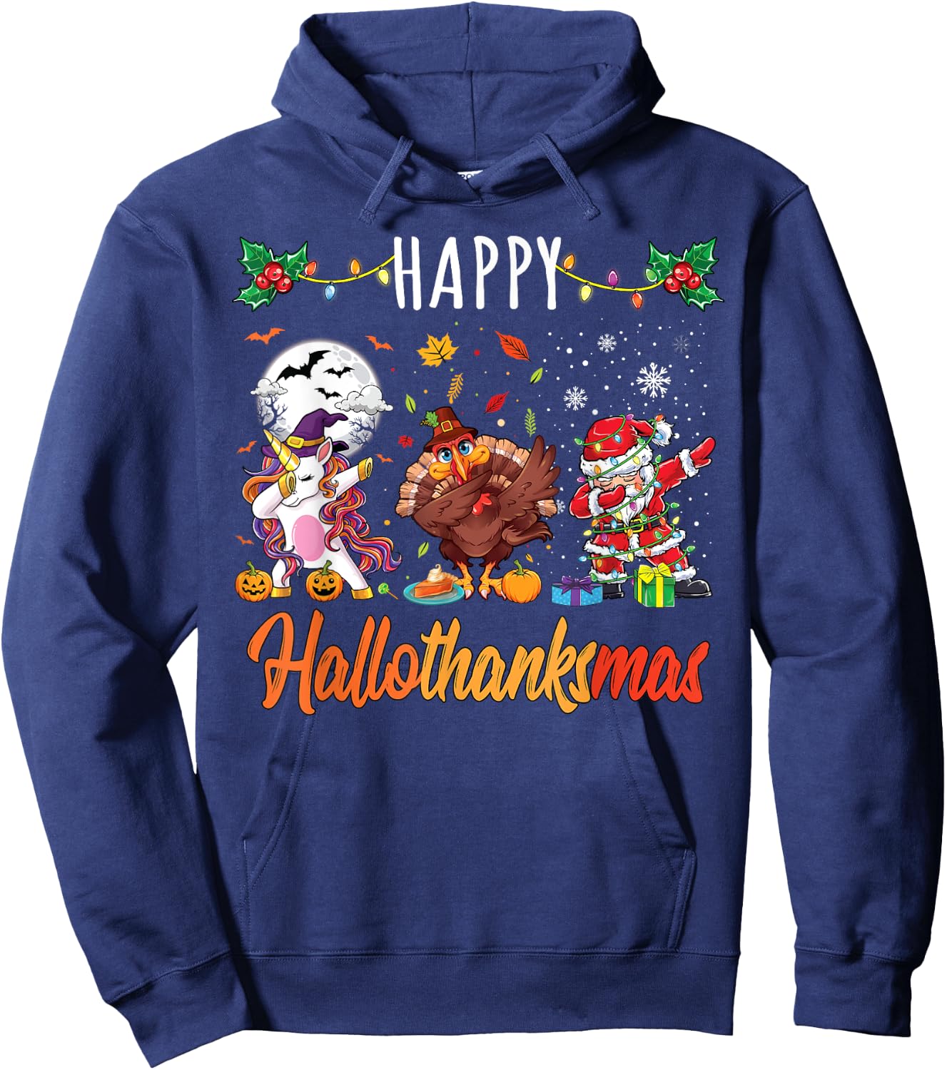 Happy Hallothanksmas Shirt Thanksgiving Halloween Christmas Hoodie - Hoodie | Navy