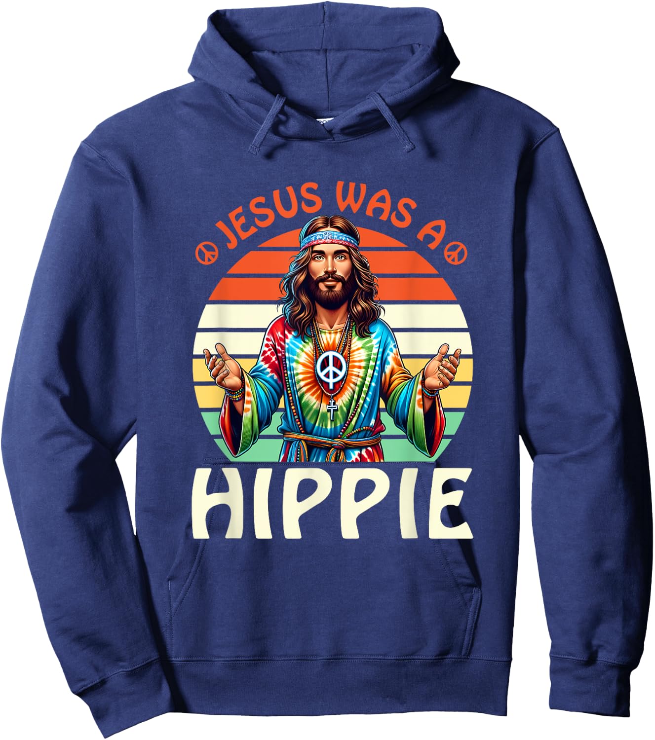 Groovy There Was Jesus Cross Christian Religious Hippie Hoodie - Hoodie | Navy