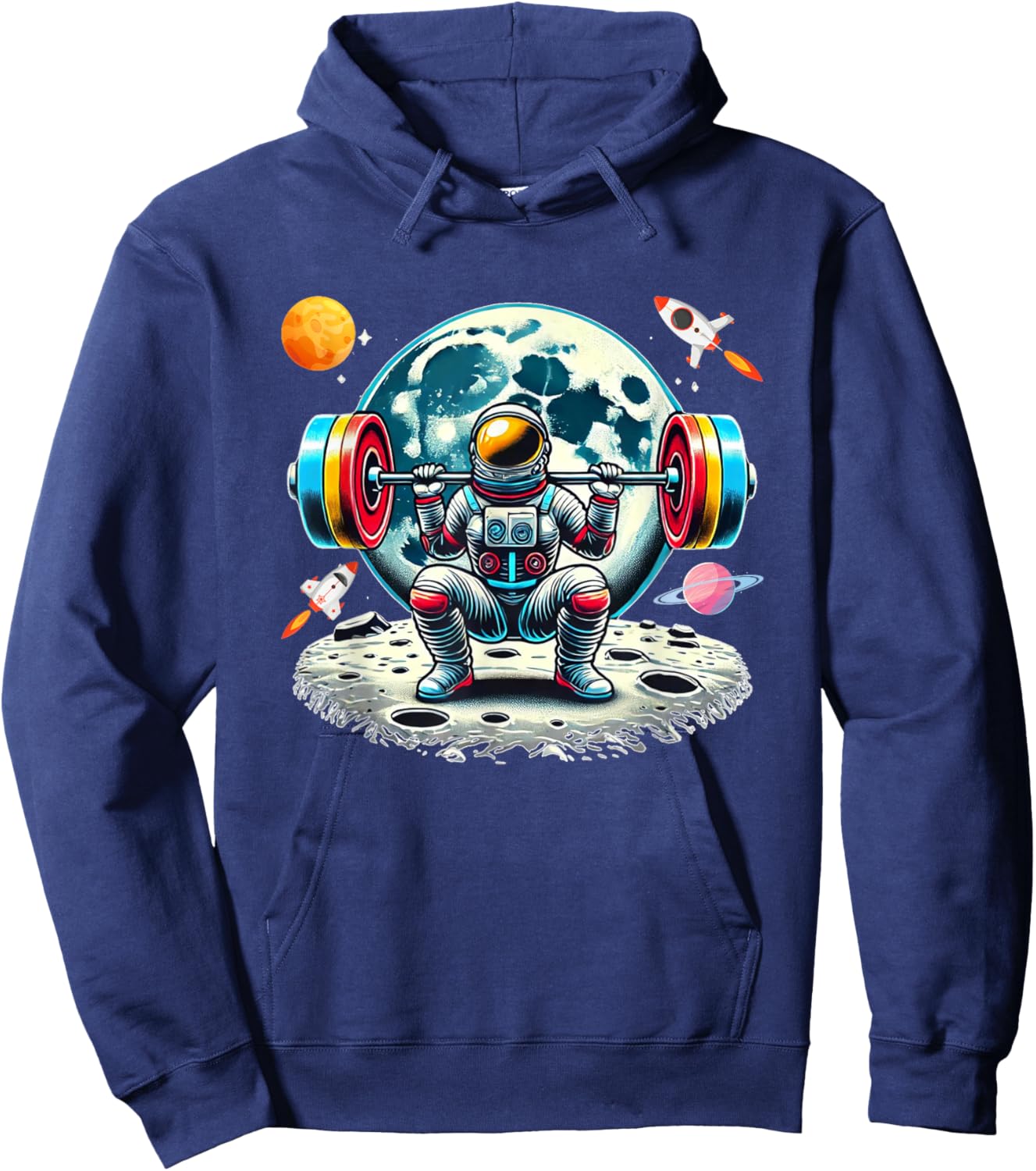 Funny Astronaut Working Out Gym Barbell Squats Outer Space Hoodie - Hoodie | Navy