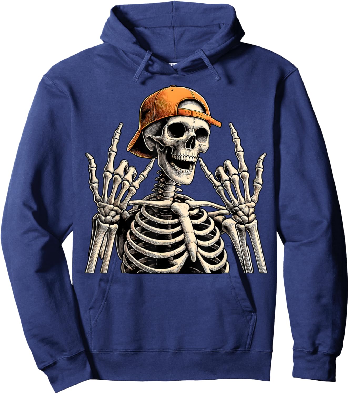 Retro Skeleton Halloween Rock Hand Sign Rock N Roll 90s Hoodie - Hoodie | Navy