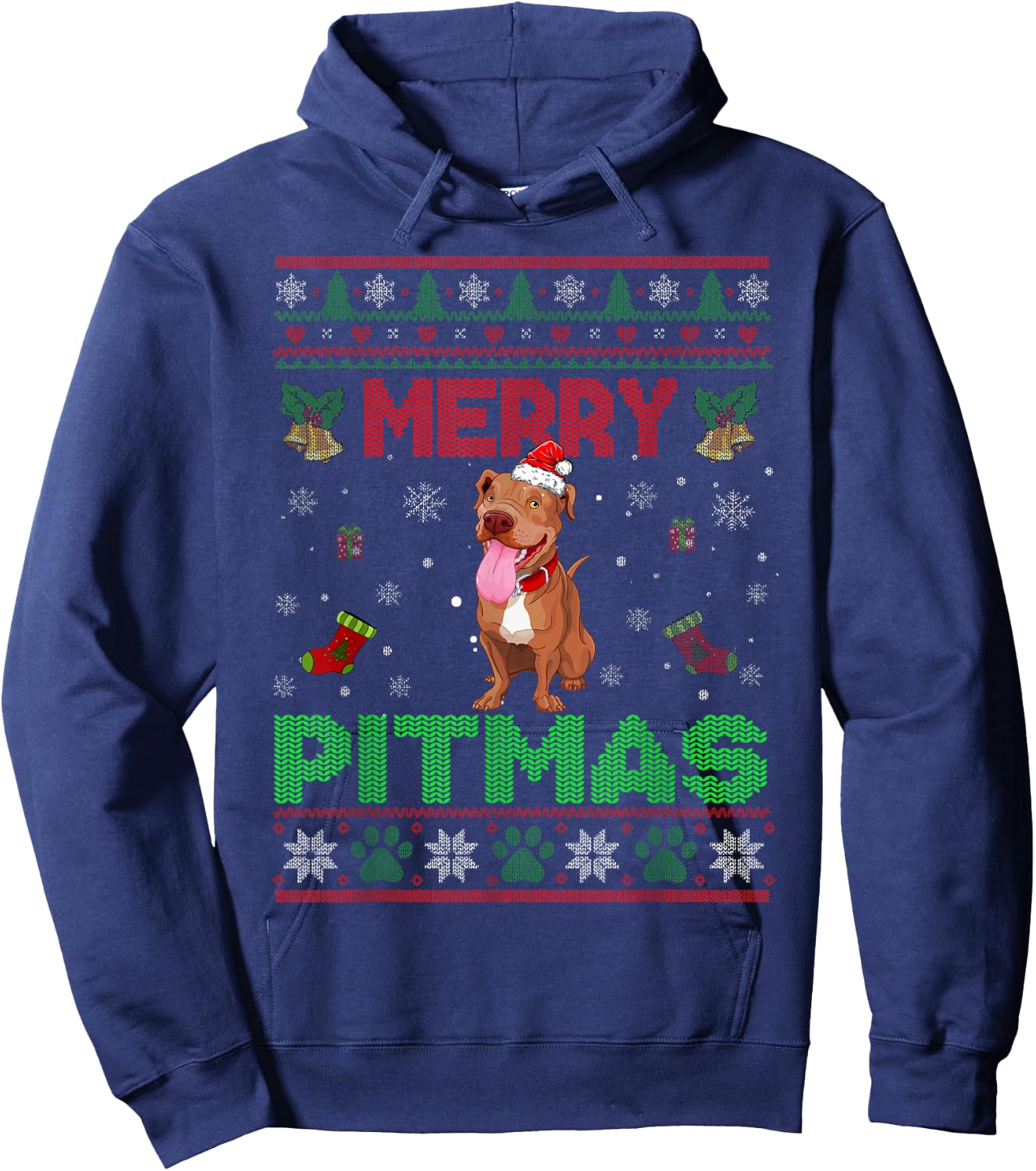 Merry Pitmas Funny Pit Bull Christmas Sweater Gifts Hoodie - Hoodie | Navy