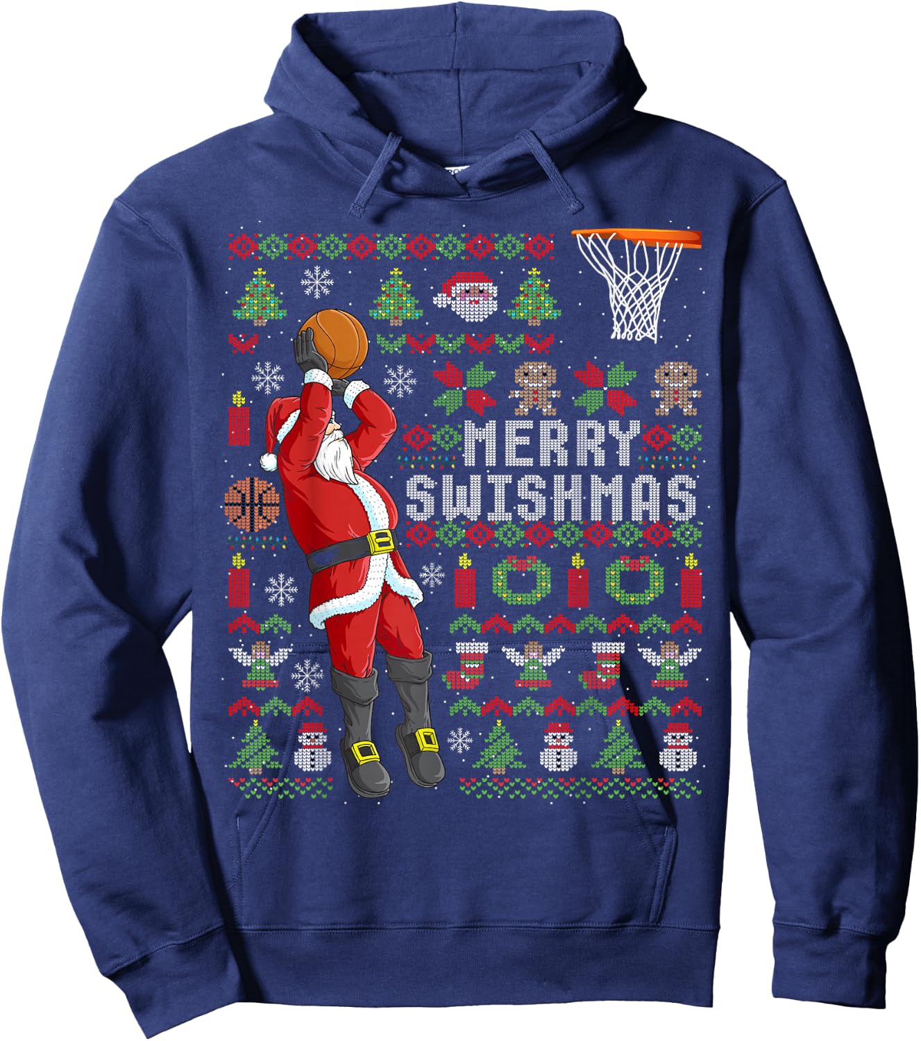 Merry Swishmas Ugly Christmas Basketball Christmas Hoodie - Hoodie | Navy