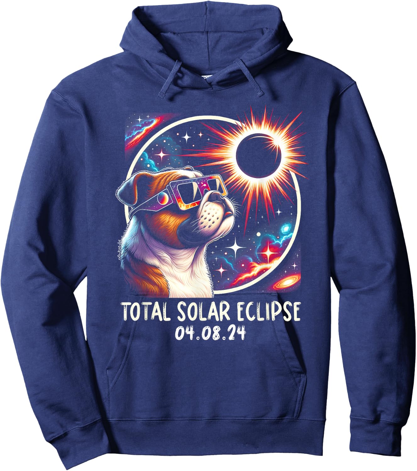 Solar Eclipse Bulldog Wearing Glasses Pet April 8 2024 Women Kids Hoodie - Hoodie | Navy
