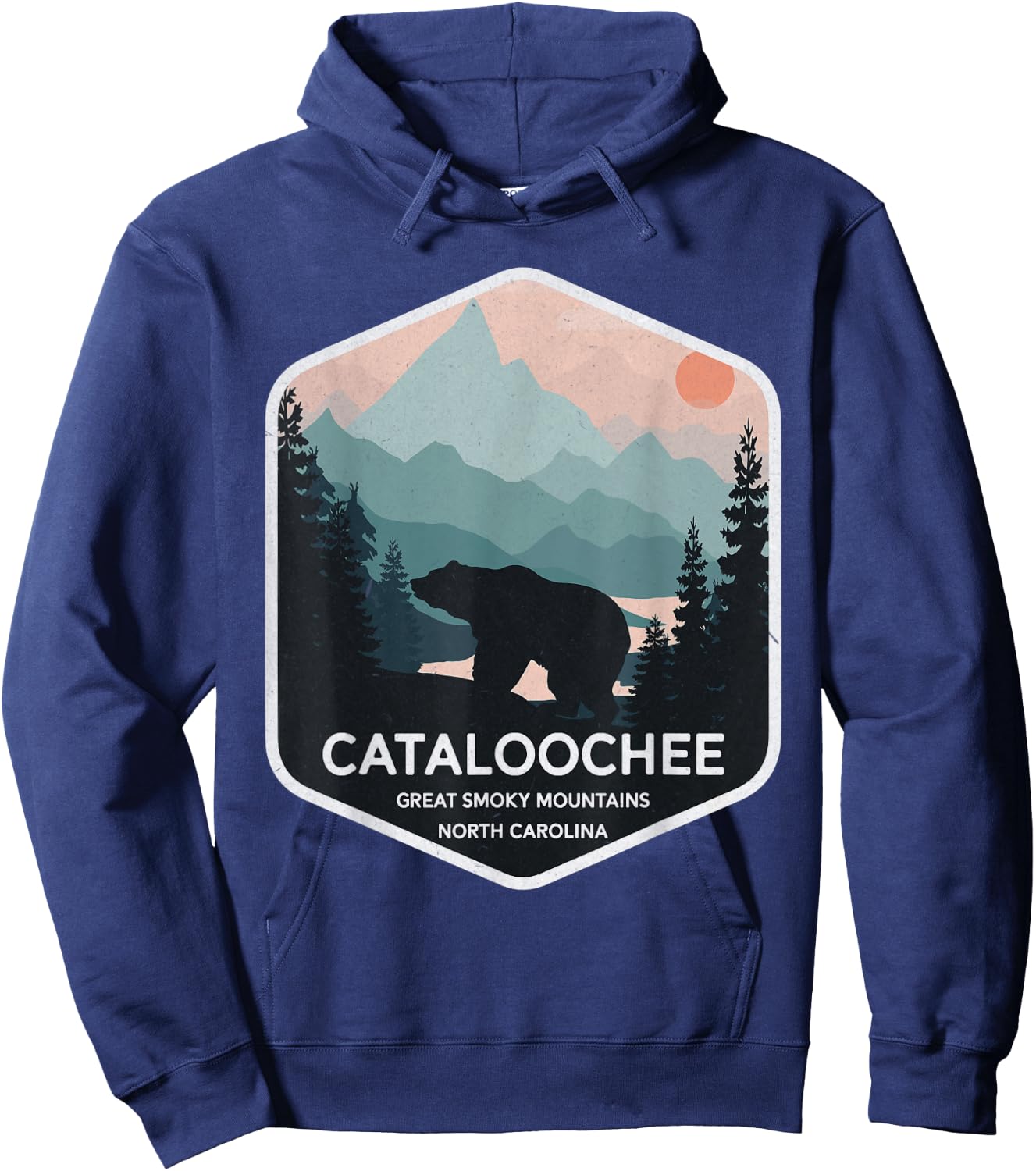Cataloochee Great Smoky Mountains North Carolina Retro Bear Hoodie - Hoodie | Navy