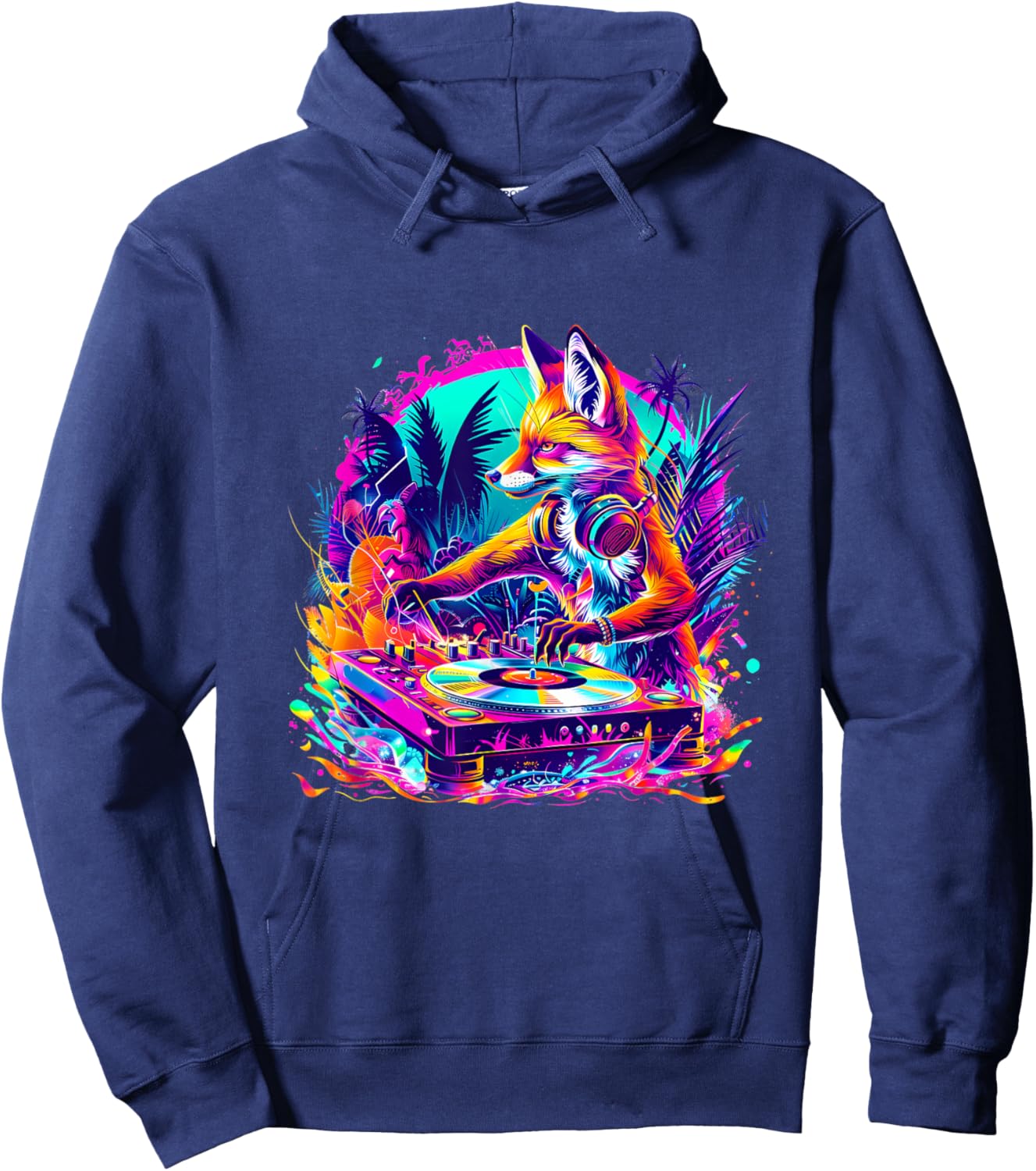 Fox Music DJ Techno House Music Colourful Turntable DJ Fox Hoodie - Hoodie | Navy