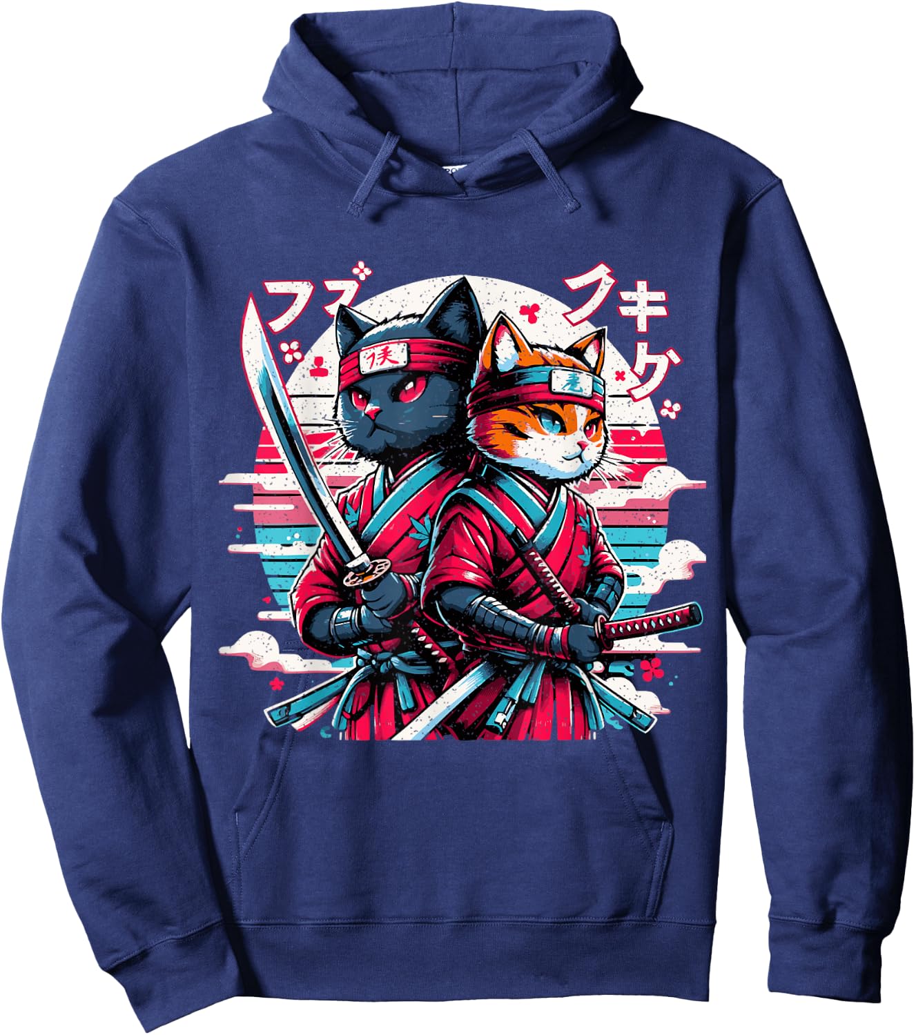 Cute Ninja Cat Couple Japanese Anime Samurai Katana Cats Women Girls Kids Hoodie - Hoodie | Navy
