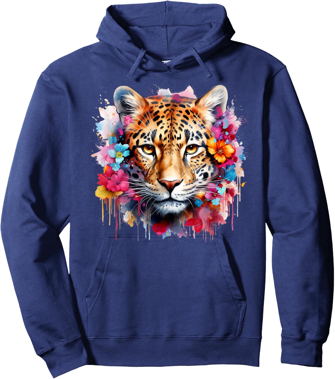 Colorful Leopard Portrait Flowers Floral Leopard Watercolor Hoodie - Hoodie | Navy