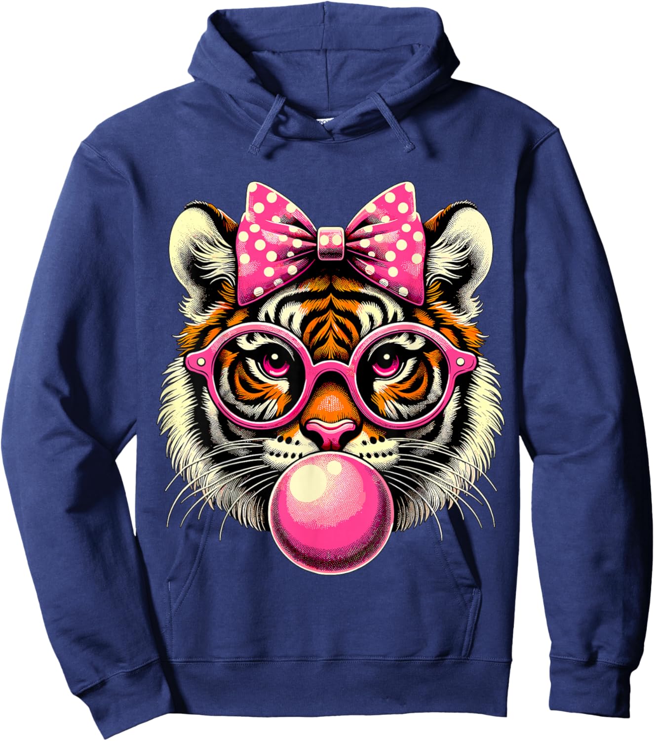Tiger with Glasses Bubblegum and Bow Hoodie - Hoodie | Navy