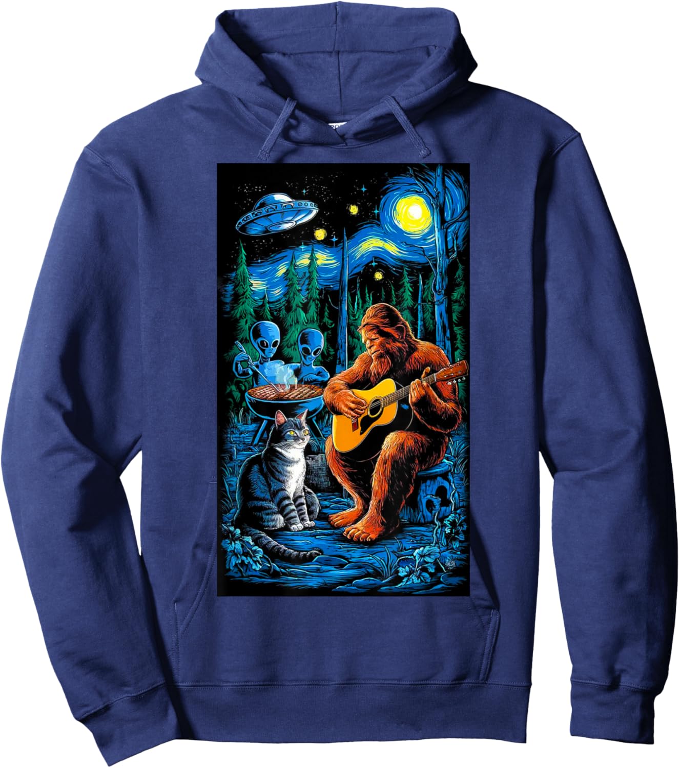 Funny Cat UFO Alien Bigfoot Sasquatch Camping Playing Guitar Hoodie - Hoodie | Navy