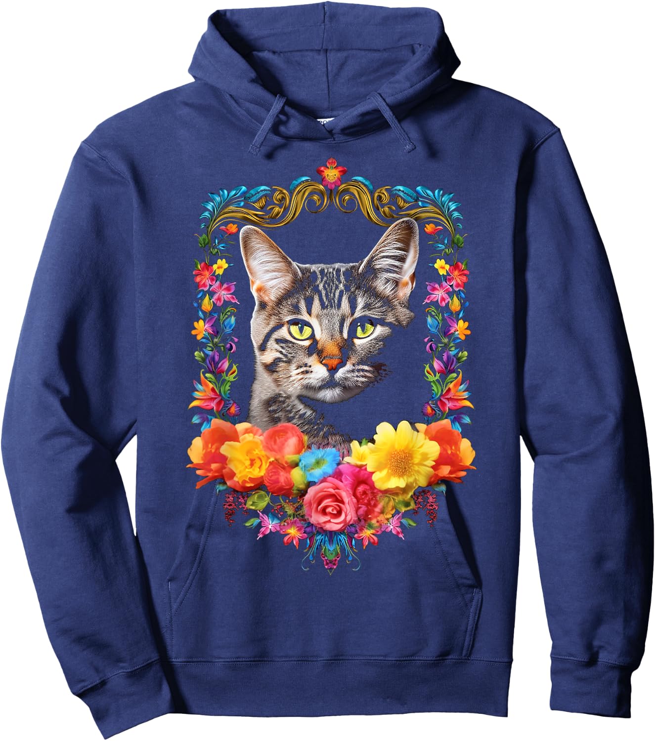 Cat Colorful Animal Flowers Art Face Graphic Cat Men Women Kids Hoodie - Hoodie | Navy