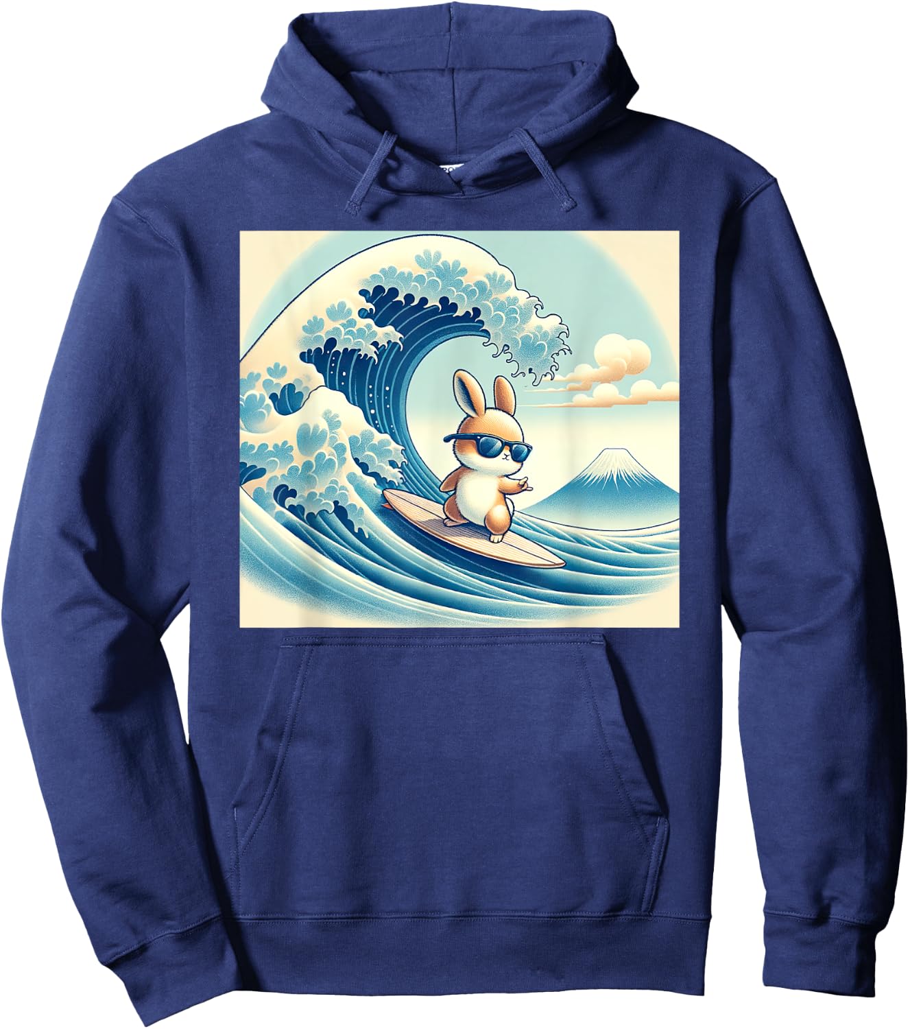 Cool Surfing Bunny Rabbit - Japanese Great Big Wave Funny Hoodie - Hoodie | Navy