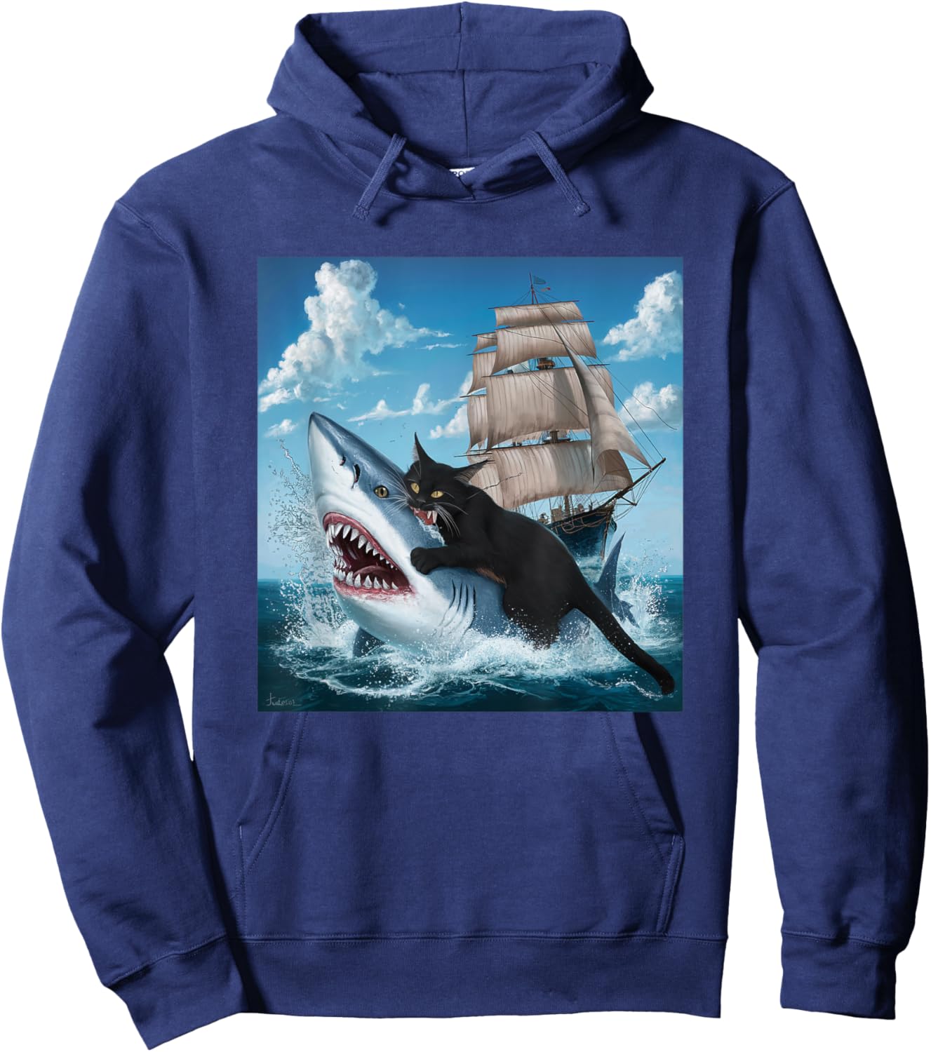 Cat Biting Shark Humorous Playful Funny Black Cat Bit Shark Women Kids Hoodie - Hoodie | Navy