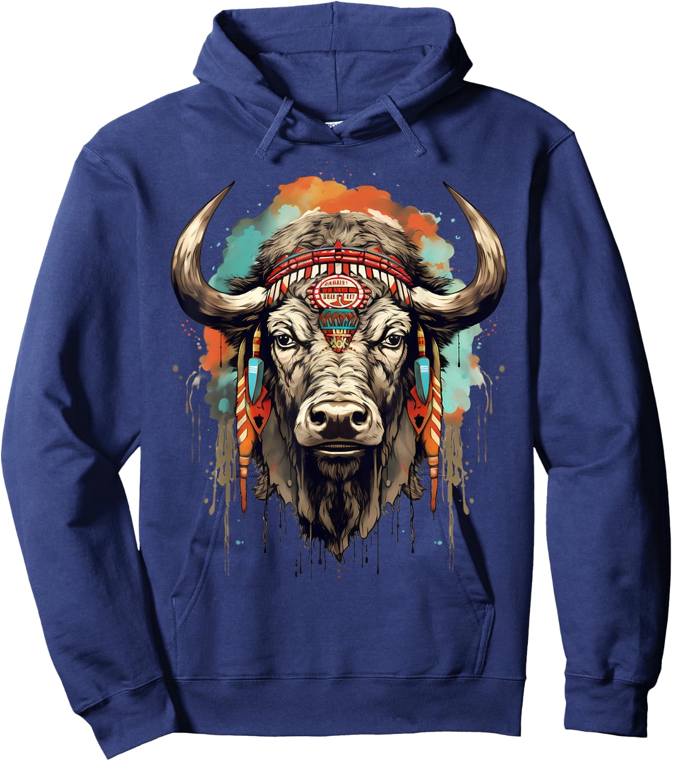 Buffalo Indian Artwork Wildlife Safari Nature Bison Portrait Hoodie - Hoodie | Navy