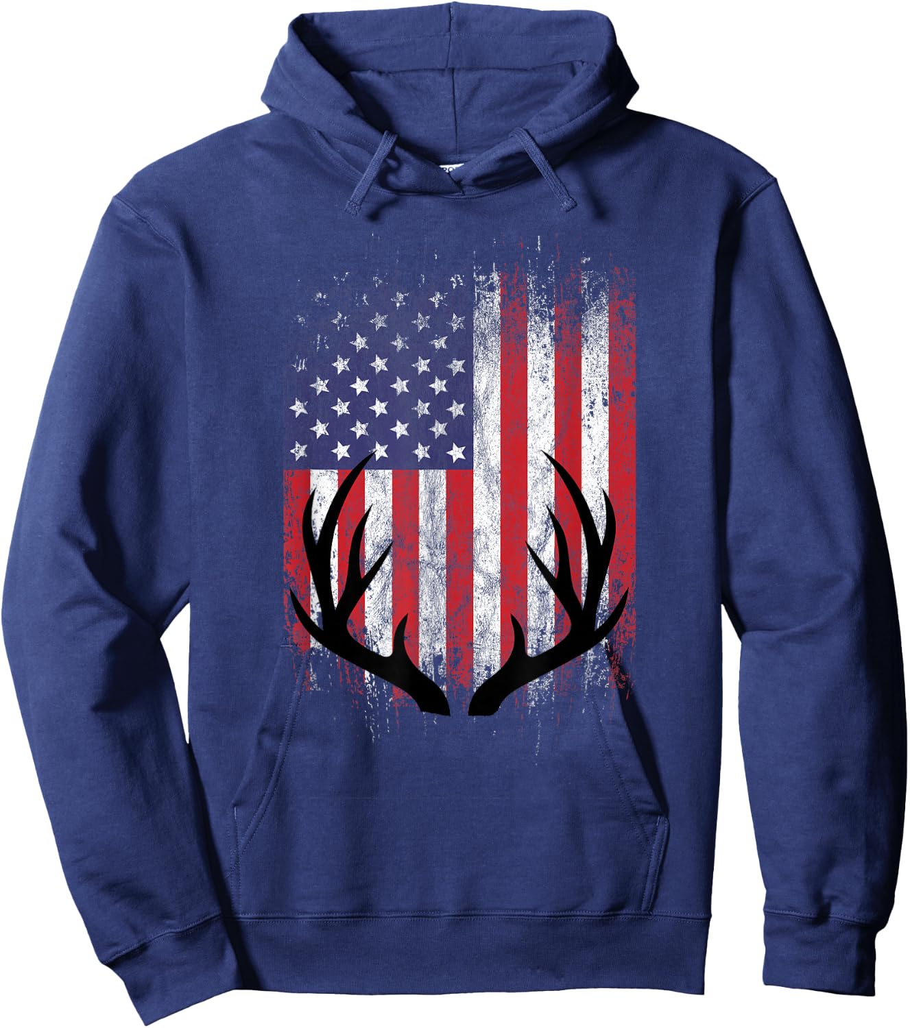 Deer Hunting American Flag Whitetail Buck Antlers Short Sleeve Hoodie - Hoodie | Navy