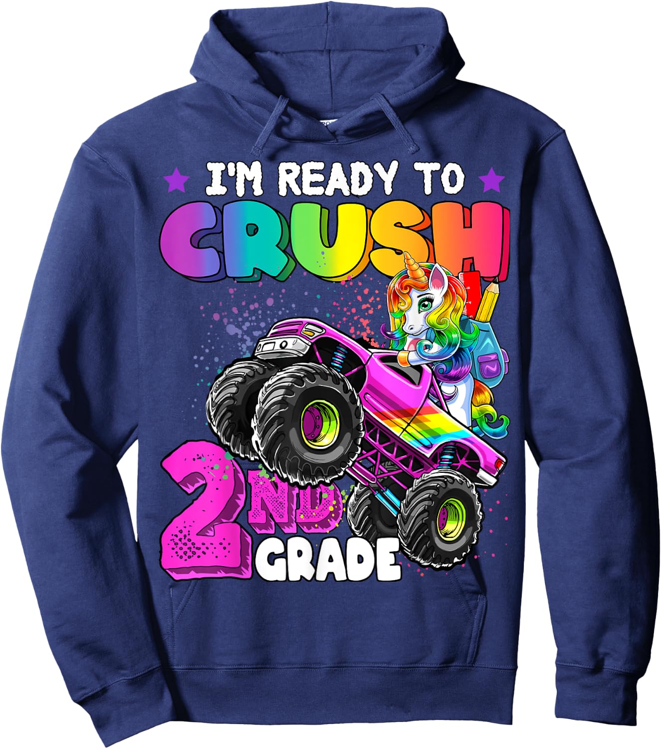 2nd Grade Unicorn Monster Truck Back to School Gift Girls Hoodie - Hoodie | Navy