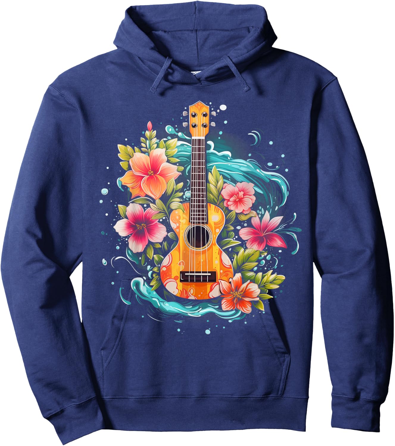 Ukulele Hawaiian Hibiscus Flowers Guitar Hawaii Surfer Uke Hoodie - Hoodie | Navy