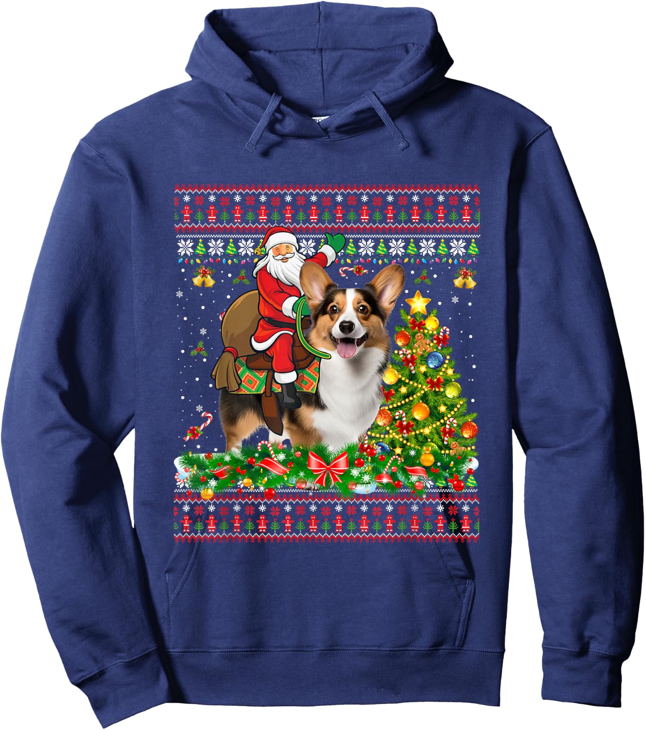 Xmas Sweater Ugly Santa Riding Corgi Dog Christmas Hoodie - Hoodie | Navy