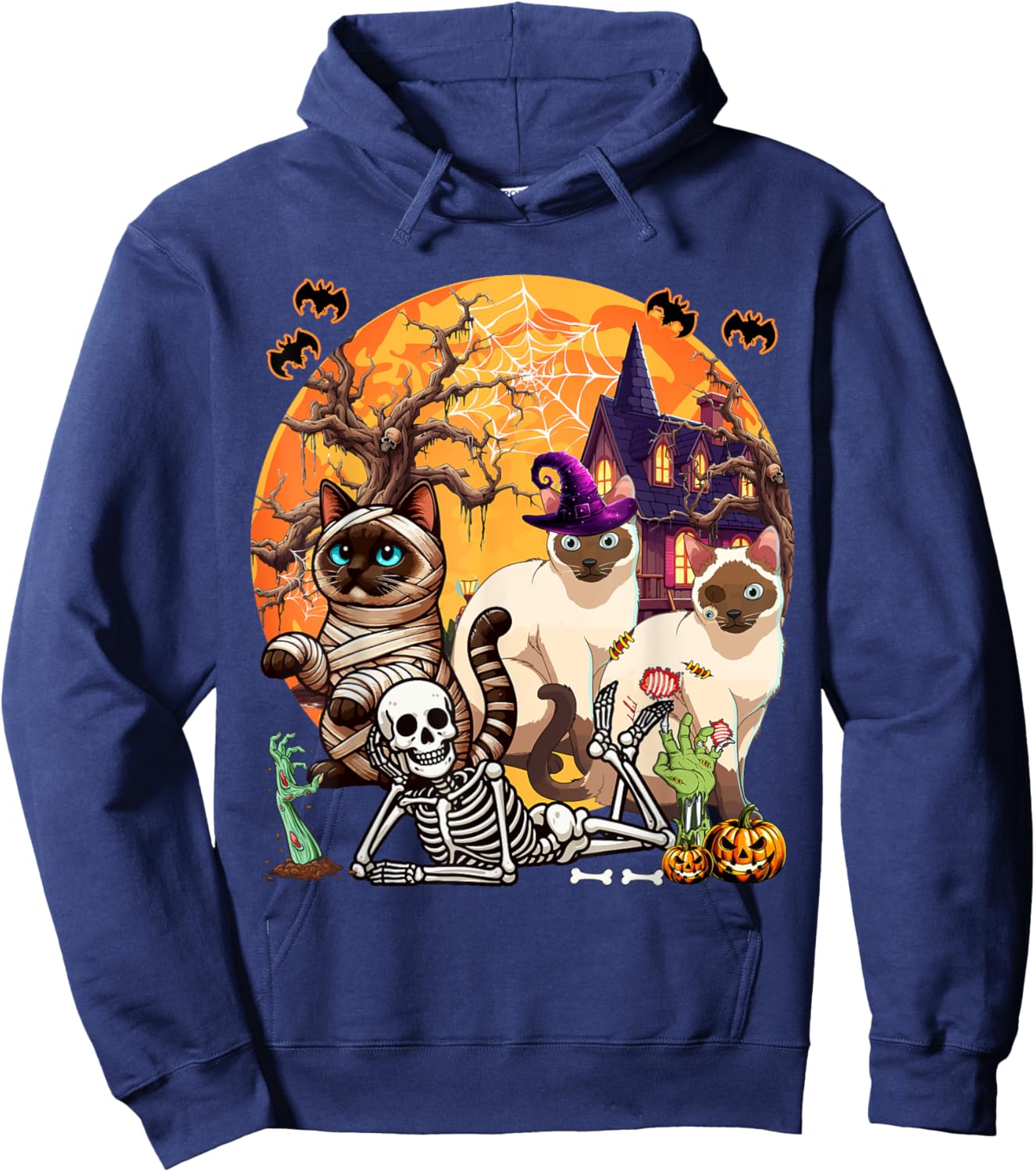 Three Horror Siamese Cats Cosplay Witch Halloween Skeleton Hoodie - Hoodie | Navy